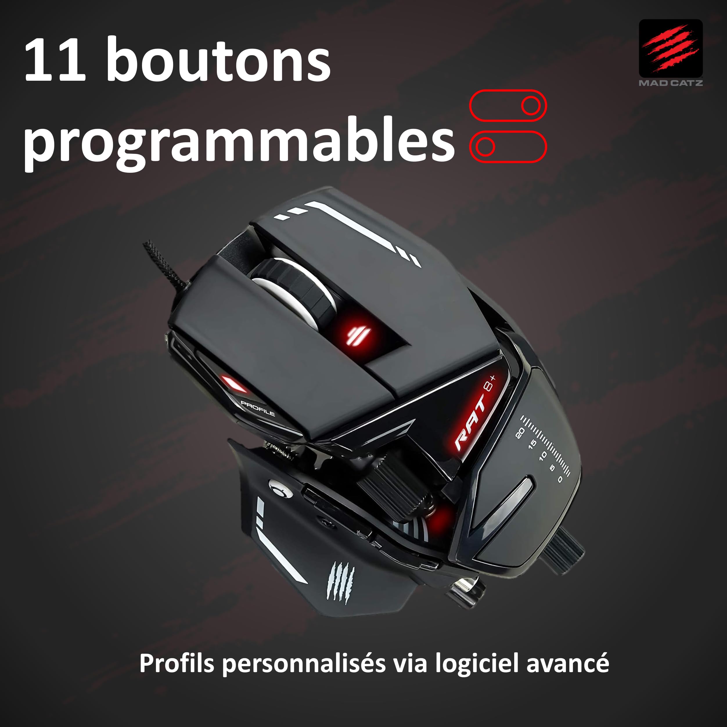 Mad Catz Rat 8+ Souris Gamer Filaire USB - Souris Ergonomique 11 Boutons Programmables - Capteur Optique Pixart3389 16000 DPI - Souris Gaming Pour PC Noir Avec Led Rouge Et Repose Poignet Reglable