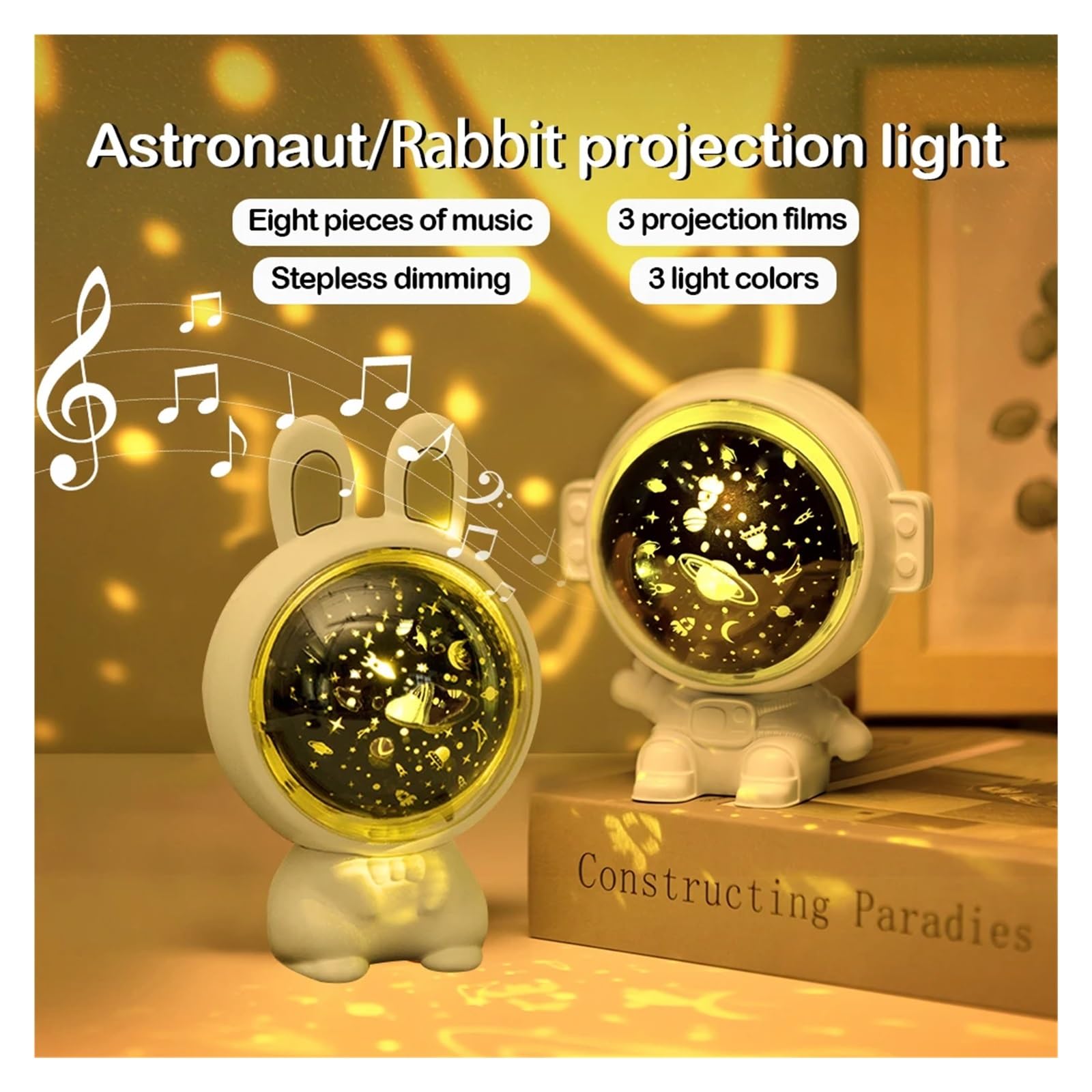 Proyector De Estrellas Y Astronautas De Conejo, Lámpara Giratoria, Luces Nocturnas, Caja De Música, Lámpara Ambiental, Decoración Del Hogar, Regalo For Niños Clear Imágenes(Astronaut projection)