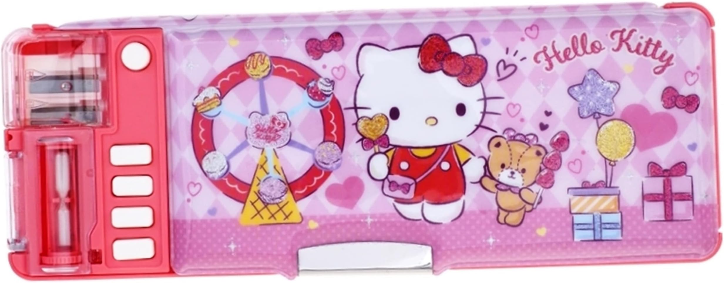 Ellon Kawaii Kitty Cat 2-Sided Pencil Pen Box Holder Deluxe Case Multi Functional w/Sharpener Glitter Patterns Vintage Kit