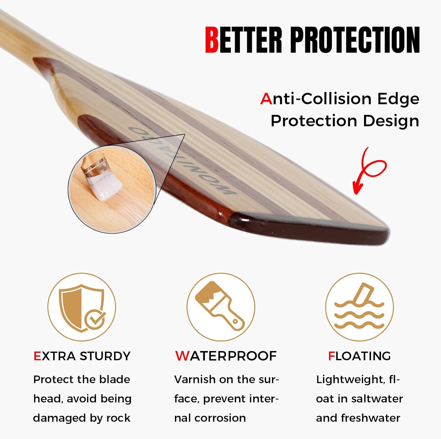 Wooden Canoe Paddle with Ergonomic Palm Grip and Anti-Collision Edge, Floating Wood Canoe Boat Paddle