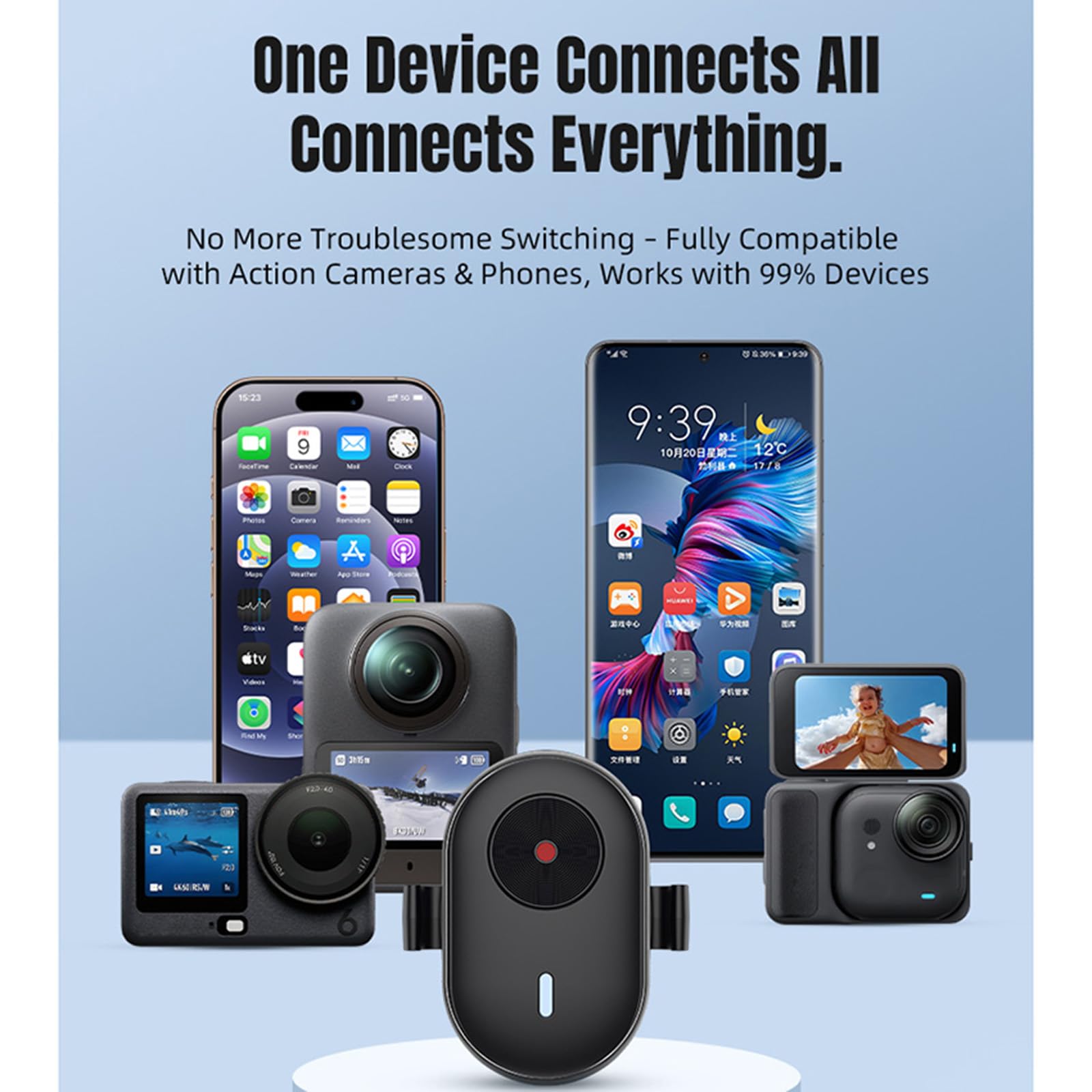 Télécommande Bluetooth universelle pour DJI Osmo 360/Action 6 pour Insta360 X5/Ace Pro 2/Go Ultra pour caméra GoPro Hero 13/Max 2, étanche, mini télécommande intelligente sans fil