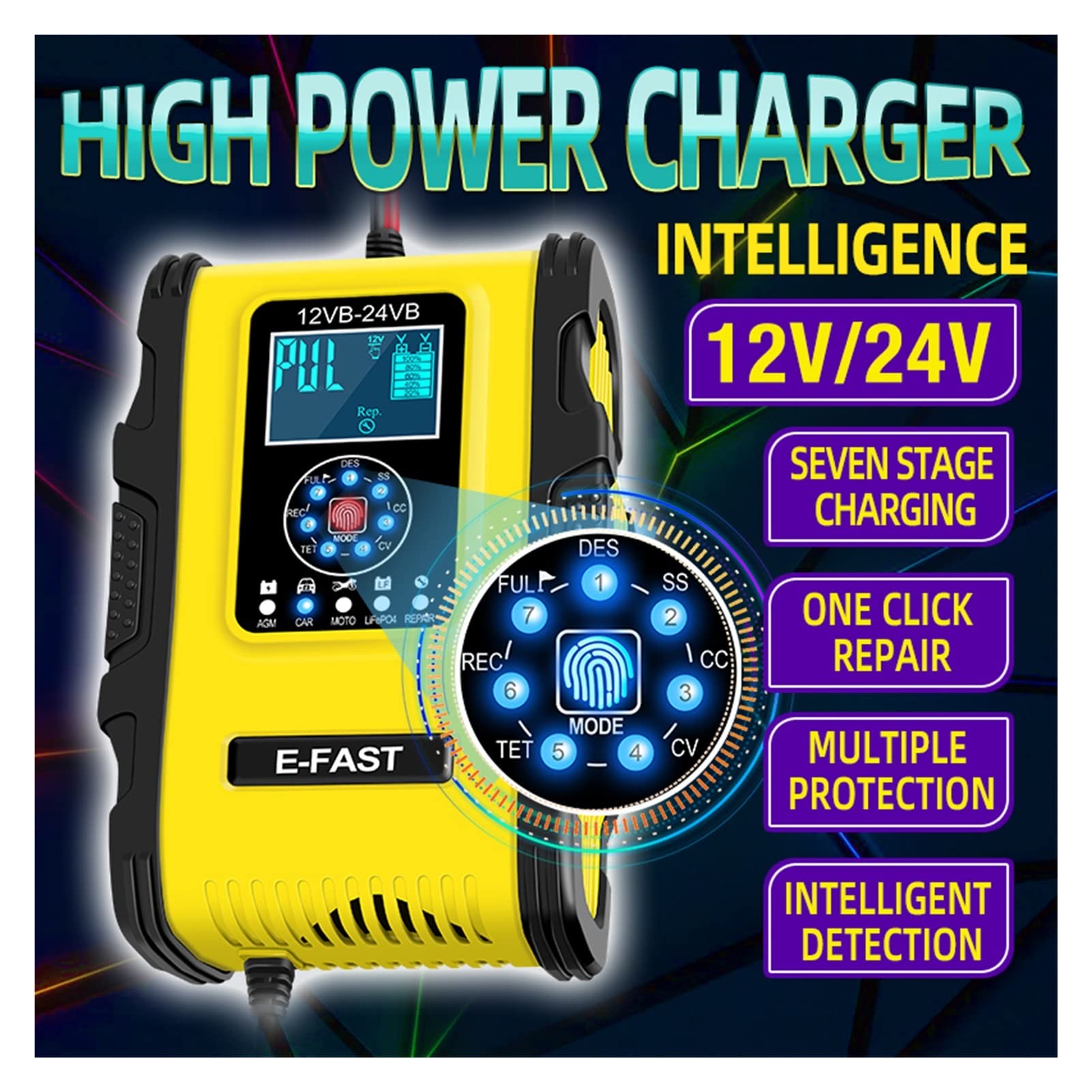 Cargador de batería de coche 1 2V / 24V Cargador de batería for automóviles Protección múltiple totalmente automática, cargadores de reparación de pulsos inteligentes, carga automática de 7 etapas Con