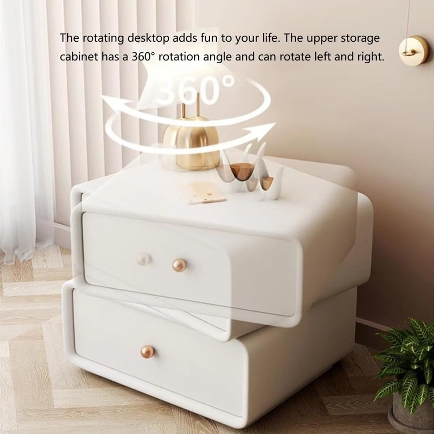 Light ry Stolik nocny z litego drewna, obracany o 360°, nowoczesny stolik nocny z 2 otworami, minimalistyczny stolik pomocniczy do sypialni, smukły obrotowy blat