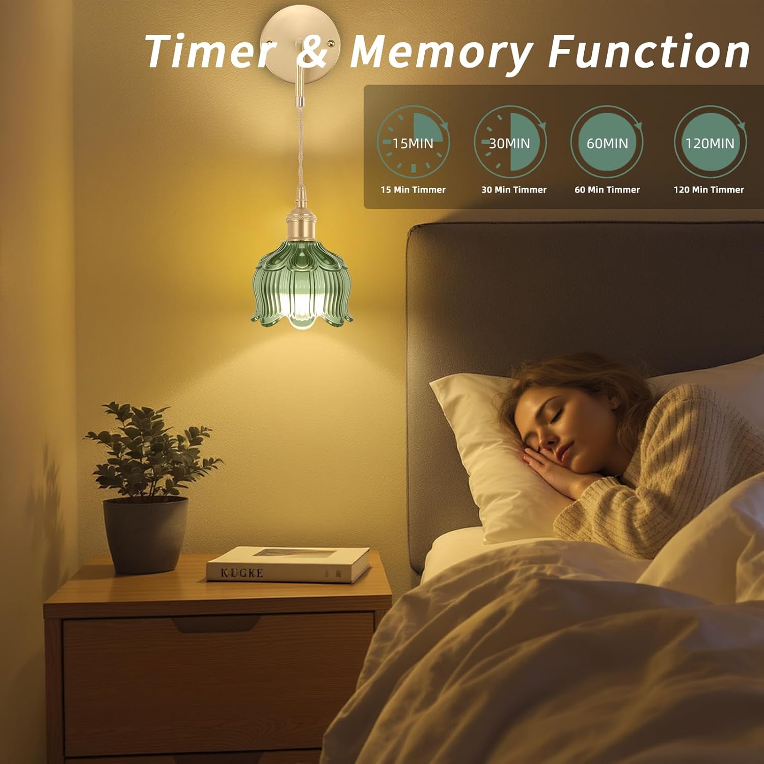 Battery Operated Wall Sconces CCT Dimmable Wireless Sconces Set of 2, Vintage Light Fixture with Green Flower Glass Lampshade Wall Decor Set of 2 for Living Room Bedroom Bedside Bathroom