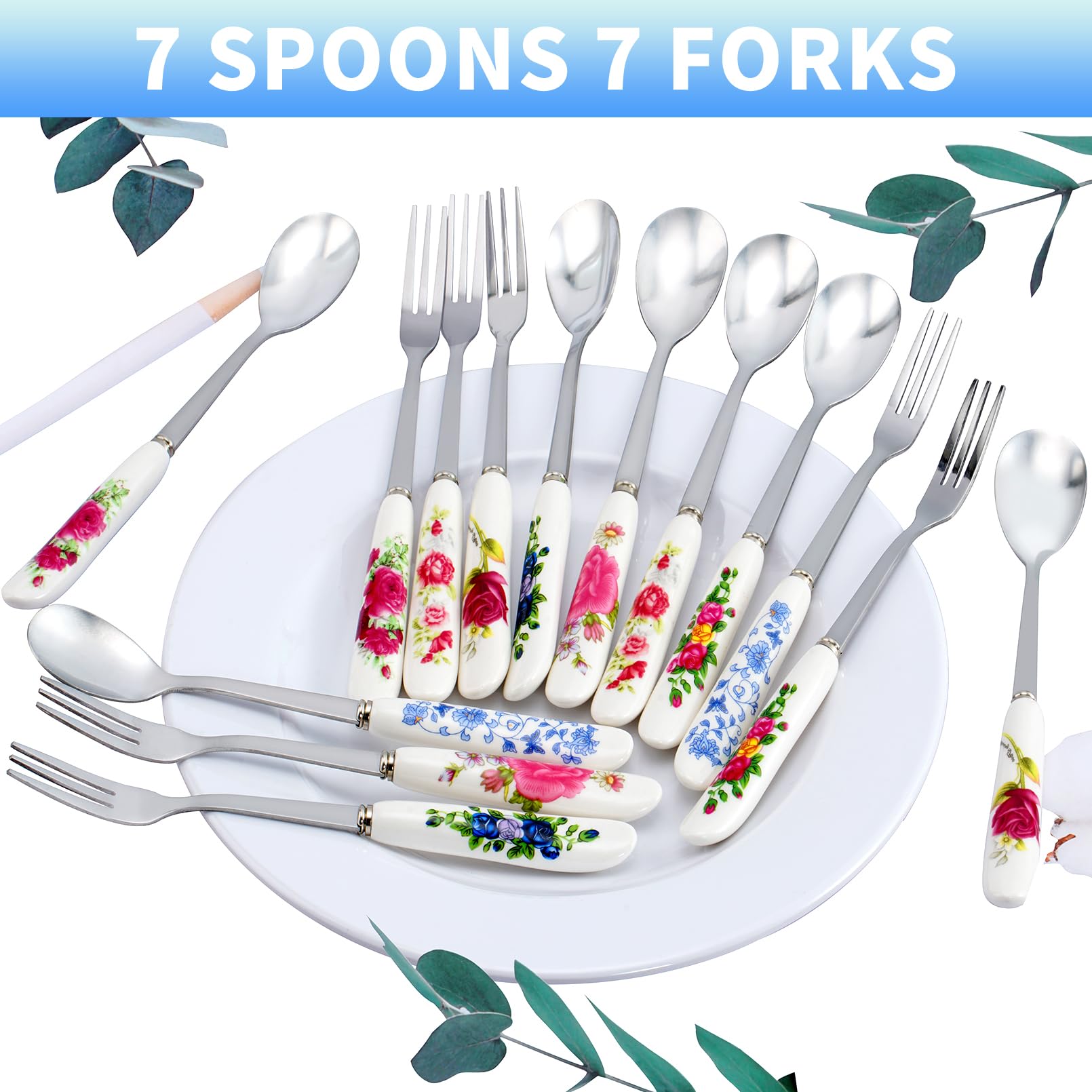 Juego de 14 tenedores y cucharas de postre, tenedores y cucharas con mango de cerámica, mini cucharas de café de acero inoxidable, tenedores de ensalada, tenedores de pasteles, cucharas de té