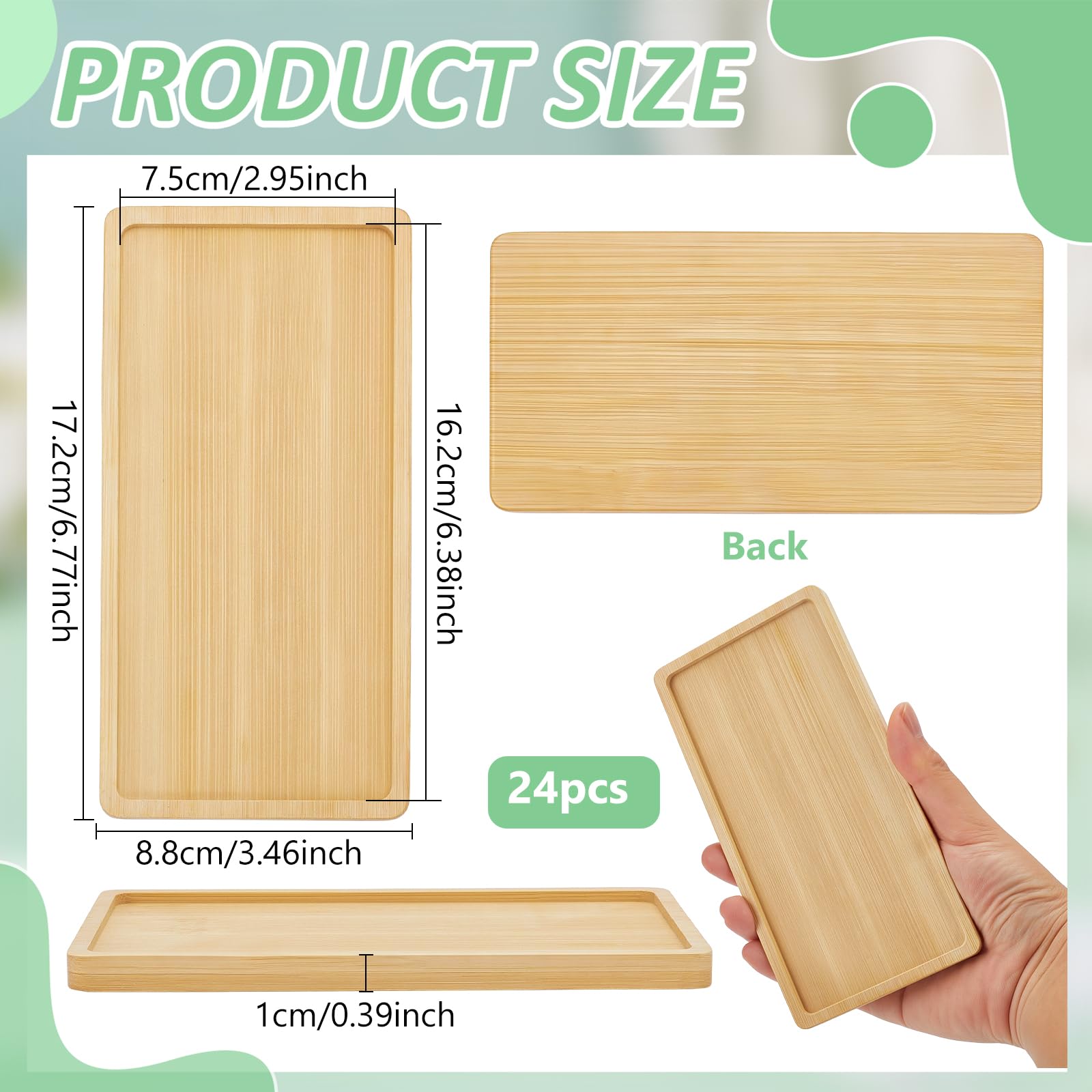 24 bandejas pequeñas de bambú rectangulares para lavabo, bandeja para servir de 6,6 x 3,4 pulgadas, apilable, de madera, para baño, mostrador, comida, aperitivo, té, postre, cocina, hogar
