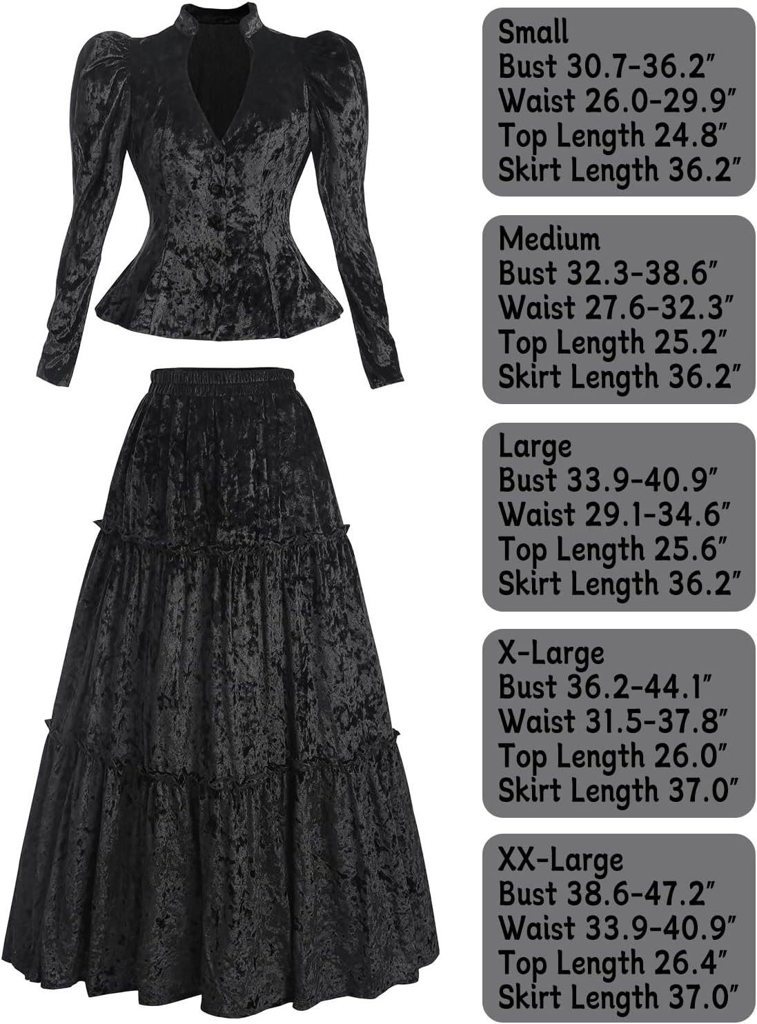 CR ROLECOS Black Victorian Dress for Women Long Sleeve Velvet Renaissance Edwardian Costume 2-piece - Image 5