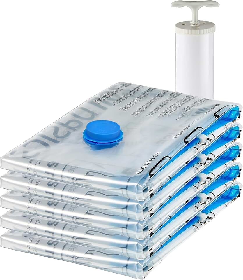 Vacuum Storage Bags, Compression Space Saving for Clothes and Linens, Reusable with Hand Pump, Large, Clear, 5-Pack