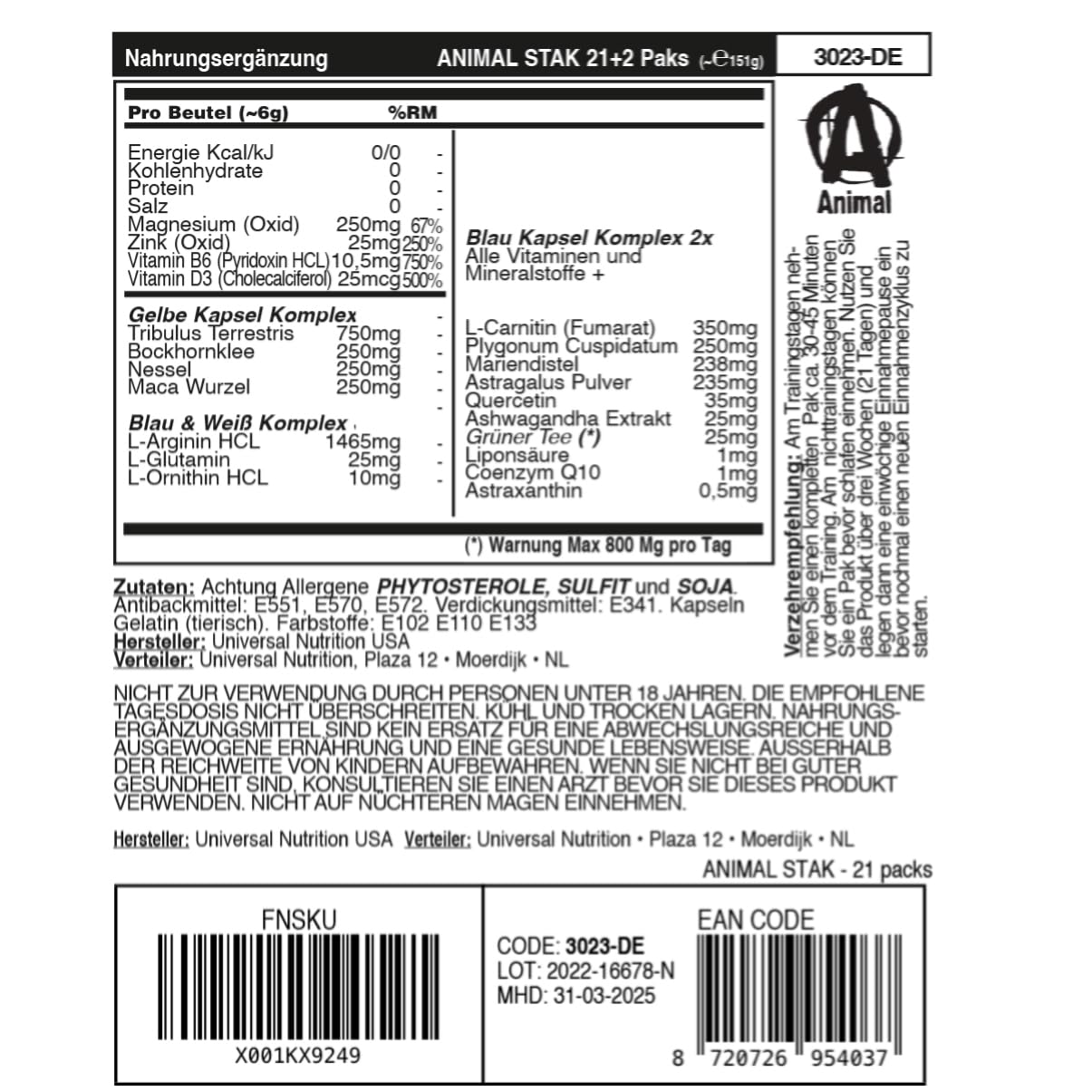 ANIMAL Stak – Supplement für Muskelaufbau, Kraft & Performance – Kapseln mit Aminosäuren, Vitaminen & Mineralstoffen – Sportnahrung für Fitness & Bodybuilding, 21 Packs