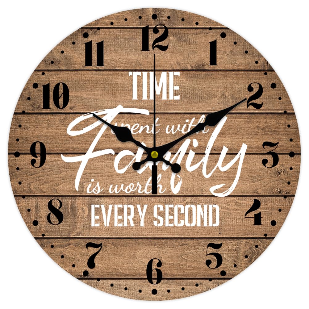 CHGCRAFT 12inch Time Spent with Family Wall Clock Vintage en Farmhouse Sentence Round for Living Room Kitchen Bedroom Office