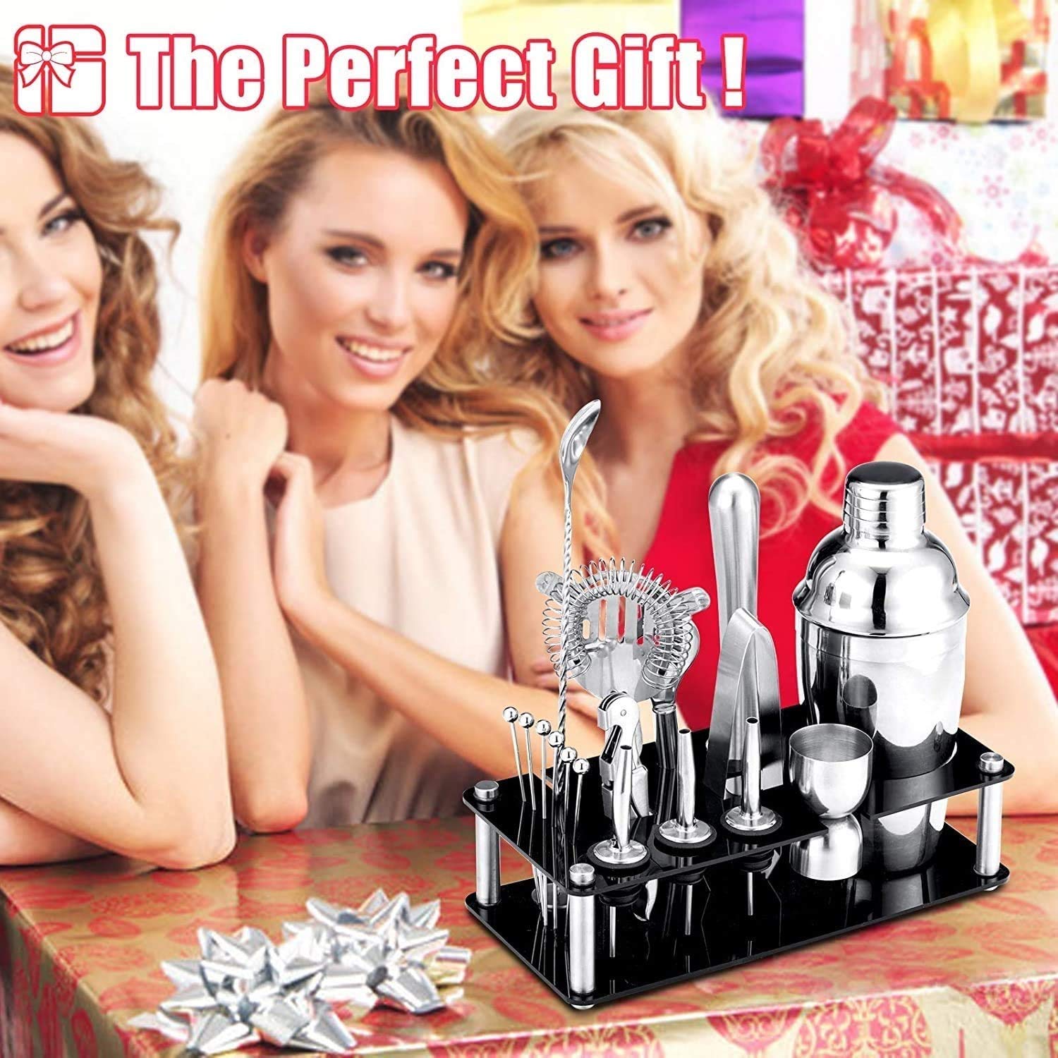 Bartender Kit, Coctelero de 18 piezas Coctelera de cóctel Herramientas de barra de acero inoxidable con soporte, jigger, cuchara, colleros, muddler, colador, pinzas, tapones de la botella, abrel