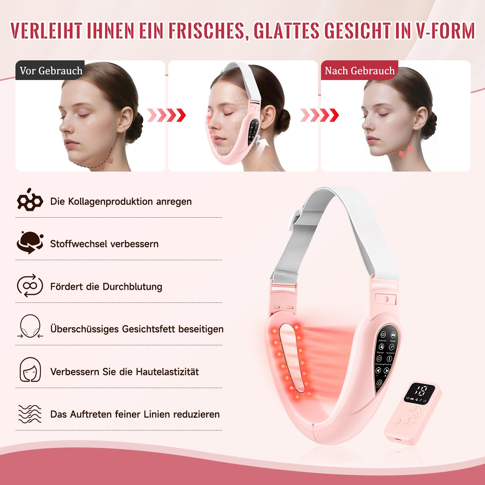 Elektrisches V-Face Shaping Massager,doppelkinn entferner 15 Intensitätsstufen 5 EMS Modi 5 Farben Phototherapie Gesichtsmassagegerät Gegen Falten Face Massager mit Fernbedienung, Typ-C