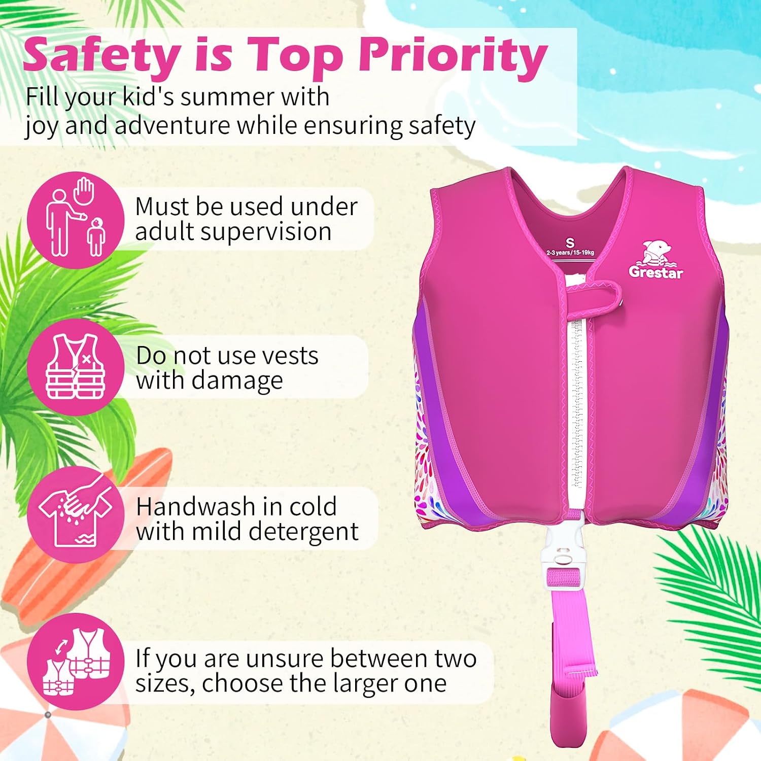 Kids Swim Vest Toddeler Floaties, Swim Floatation Jacket Training Vest for Boys Girls Age 2-9, Neoprene Swimming Aid with Adjustable Buoyancy & Safety Strap