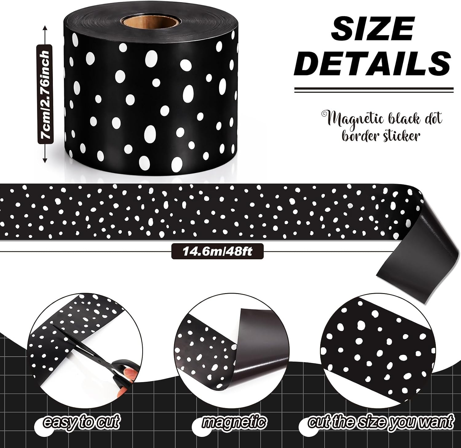 Tenceur 48 ft x 2.76 Inch Magnetic Borders, Straight, White Irregular Dots image 2