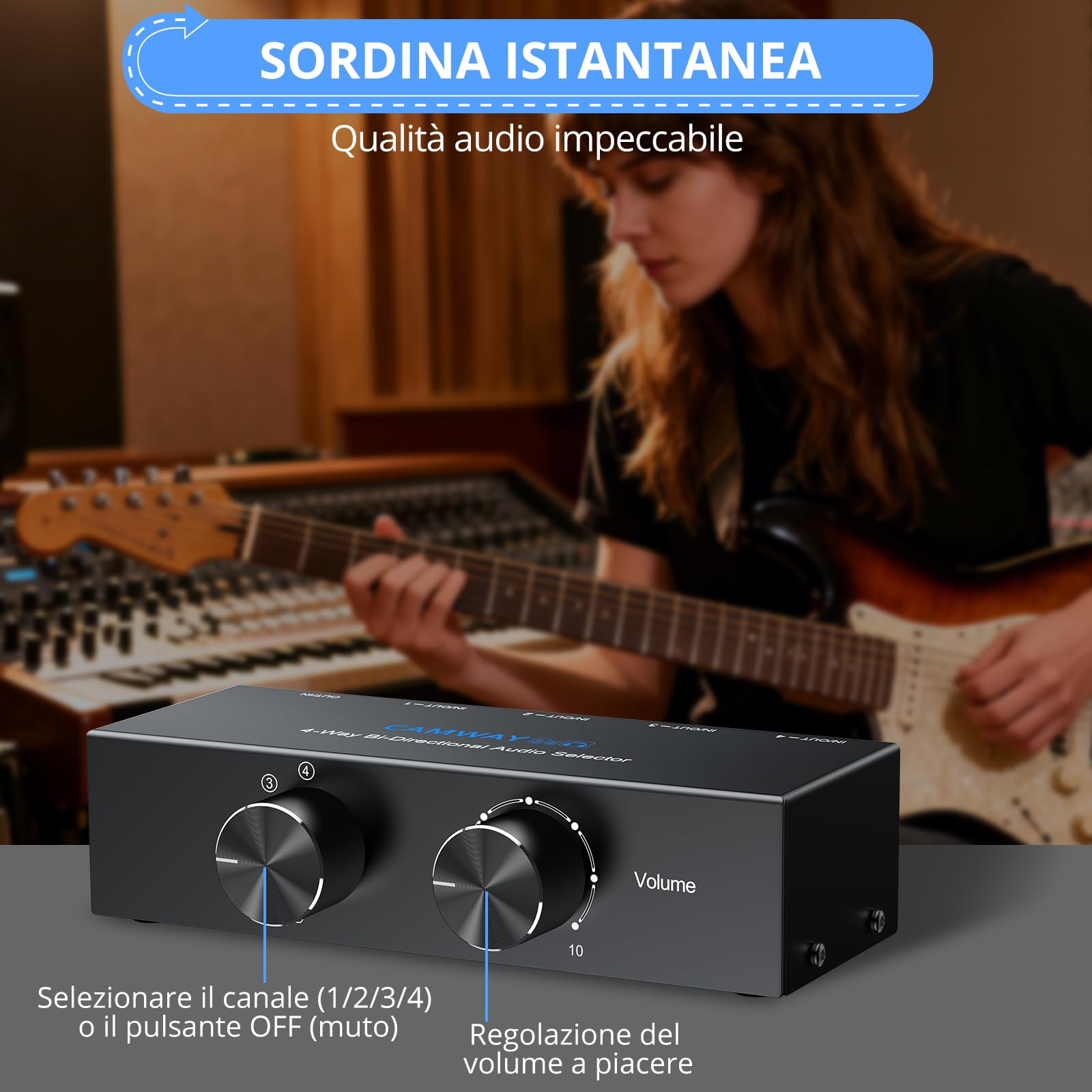 CAMWAY Commutatore Audio Bidirezionale 1x4/4x1 RCA e 3.5mm con Manopola di Controllo del Volume e Interruttore OFF,Selettore a 4 Porte per Cuffie Amplificatori,Bidirezionale Aux Sound Splitter