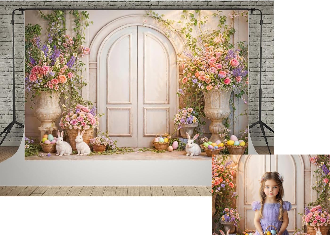 Kate 7x5ft White Rabbit Happy Easter Day Photography Backdrops Front Door Spring Colorful Flowers Colorful Eggs Photo Background