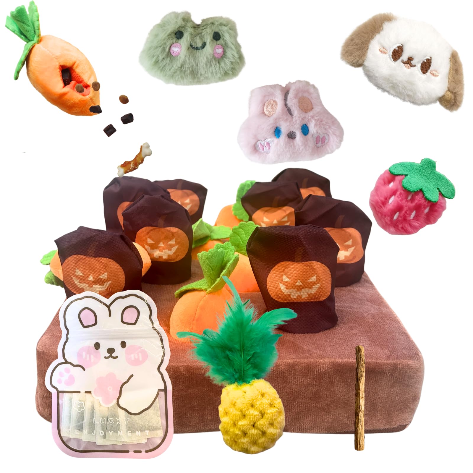 CECE PAW Carrot Patch Cat Toy Halloween Edition, Mat Pocket with Pumpkin Design, 12 Squeaky Carrot with Pockets and 4 Cute Catnip Toys for Indoor Cats Kicking and Biting