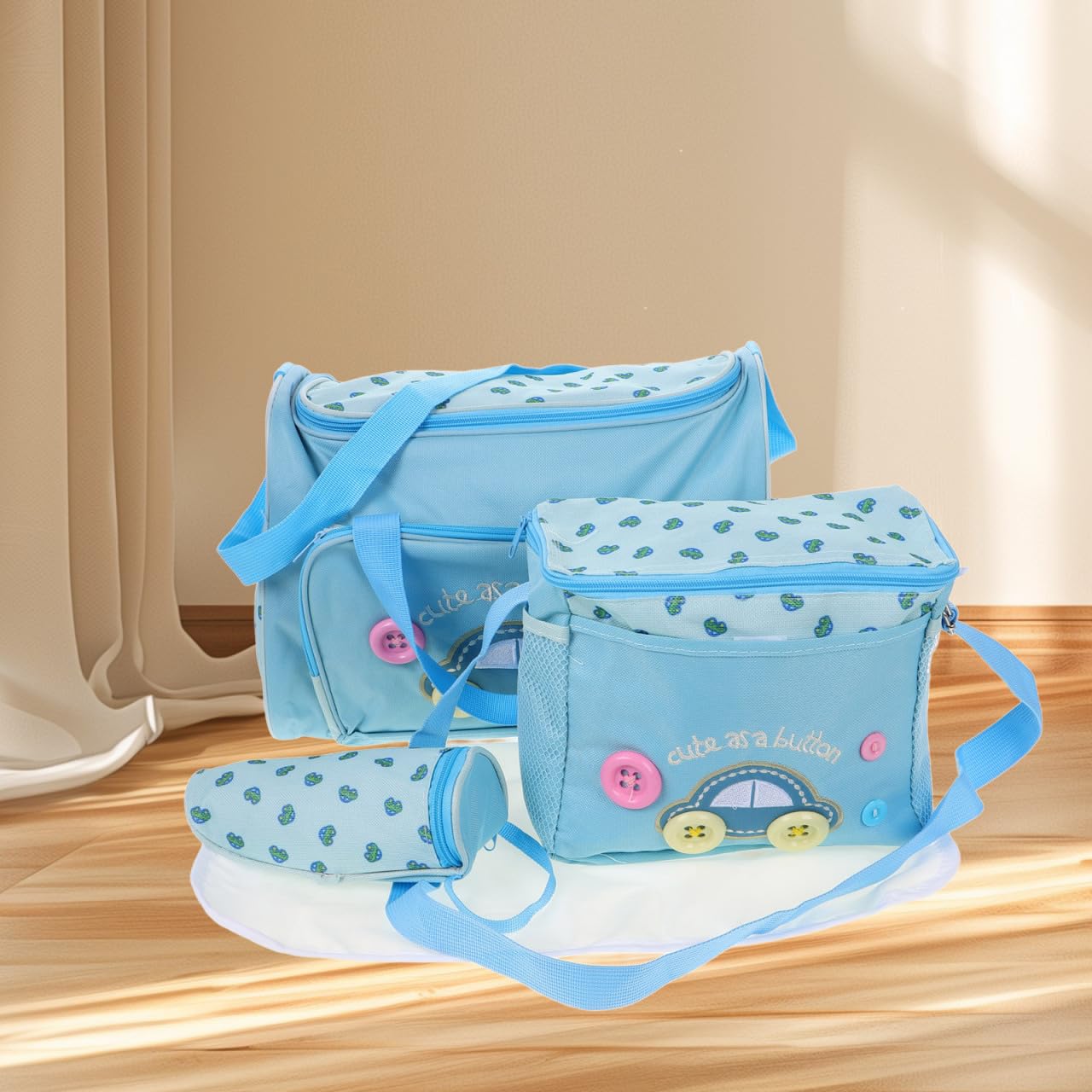 Toyvian 4-in-1 Set Sky Blue Large Capacity Diaper Tote with Waterproof Oxford Fabric Adjustable Shoulder Strap Baby Diaper Changing Pad Travel Organizer