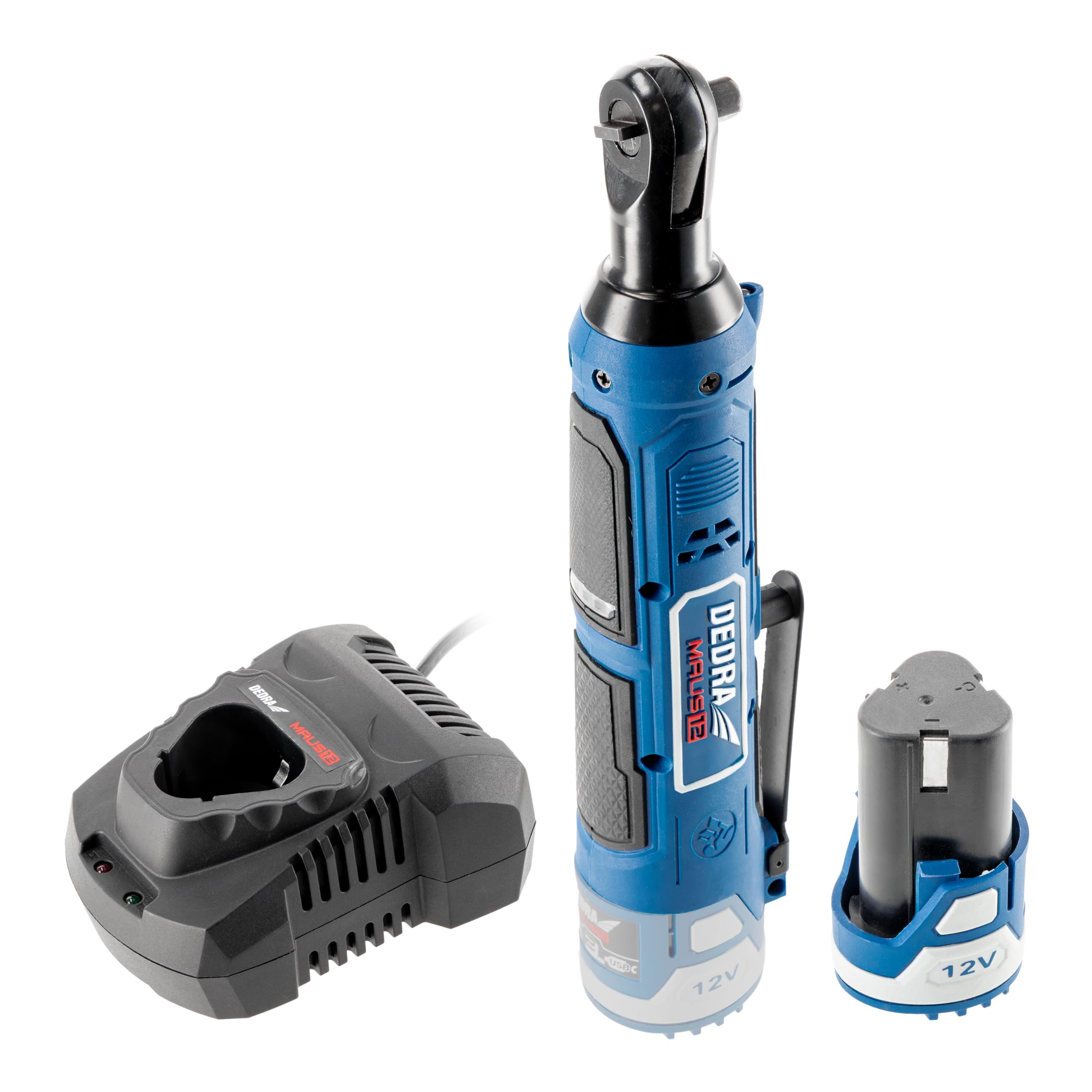 Clé à Cliquet Sans Fil 12V DEDRA MAUS DED7310T11 – 45 Nm – Carré 3/8" avec Adaptateur 1/2" – Batterie 2 Ah et Chargeur Rapide – Éclairage LED – Idéal Mécanique et Espaces Difficiles d'Accès