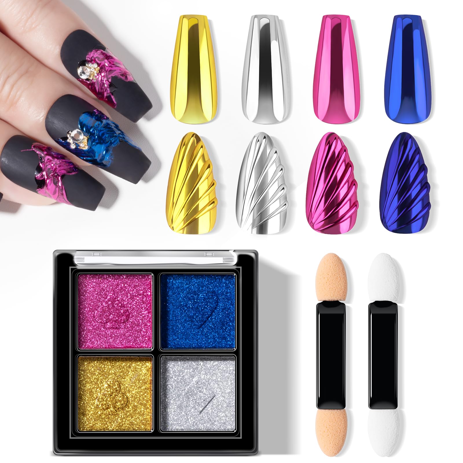 Photo 1 of **2 PACKS, DIFFERENT VARIETY**NXJ INFILILA Gold Silver Chrome Nail Powder, 4 Classic Colors Mirror Effect - Gold, Silver, Pink, Blue, Metallic Magnetic Glitter Polish Powder Pallete for Gel Nails, DIY Manicure Art Supplies Kit