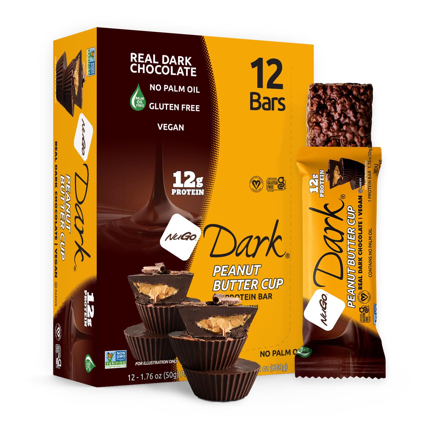NuGo Dark, Peanut Butter Cup, 12g Vegan Protein Bar, Gluten Free, 12 Count