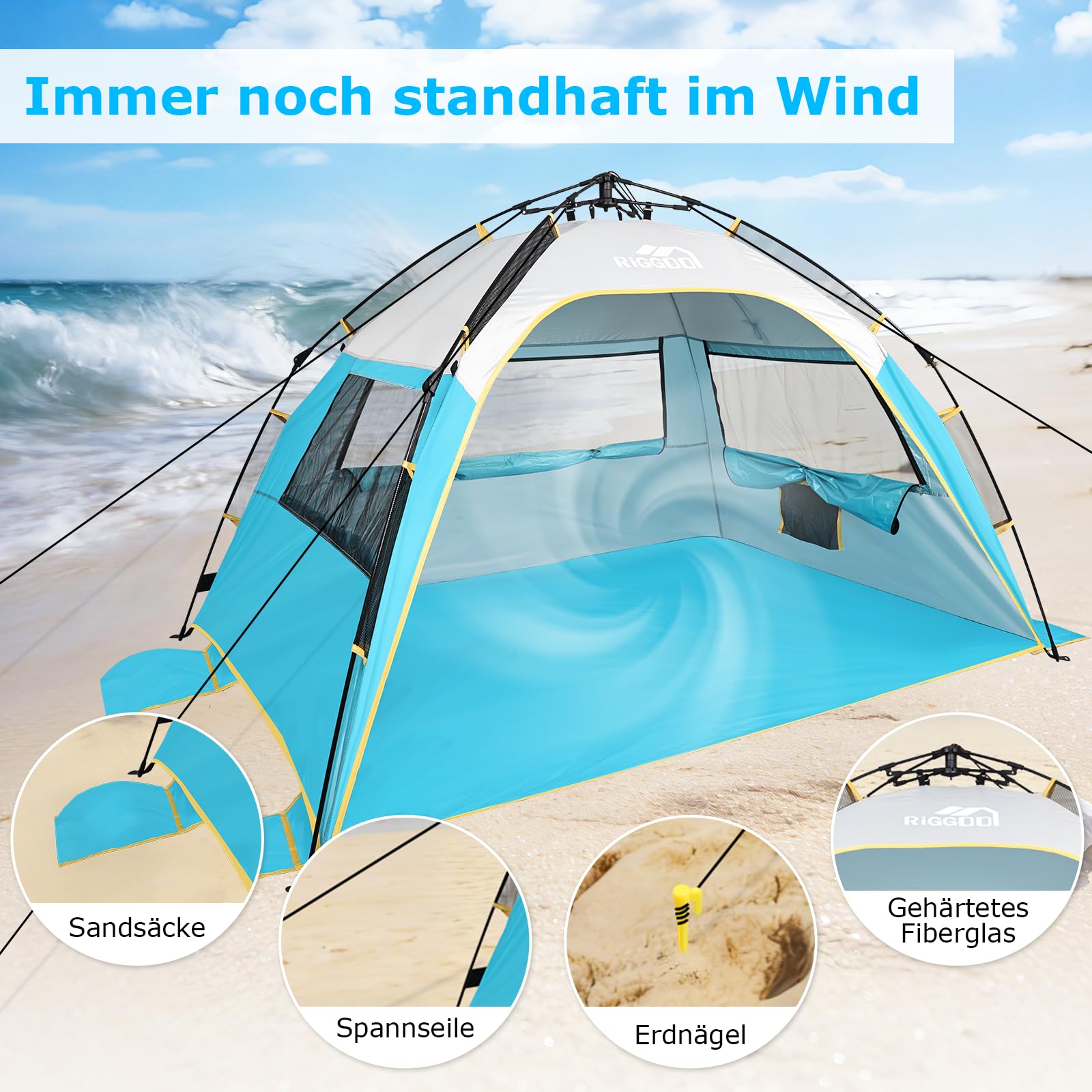 Tente de plage automatique avec protection UV 50+, 210 x 150 x 130 cm, pour 4 personnes, montage rapide en quelques secondes, petite taille une fois repliée, imperméable, coupe-vent, protection