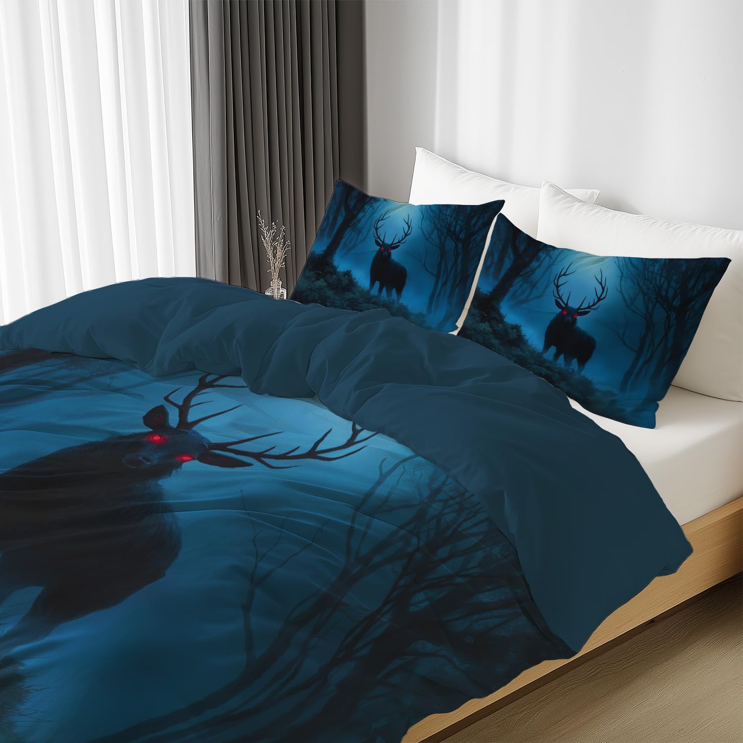 Szczotkowana poszewka na kołdrę w rozmiarze King Size 230 x 220 cm, miękka i lekka poszewka na kołdrę na zimę Wonderfsul Winter, zestaw pościeli z 4 narożnymi wiązaniami, fantasy horror, czarny jeleń