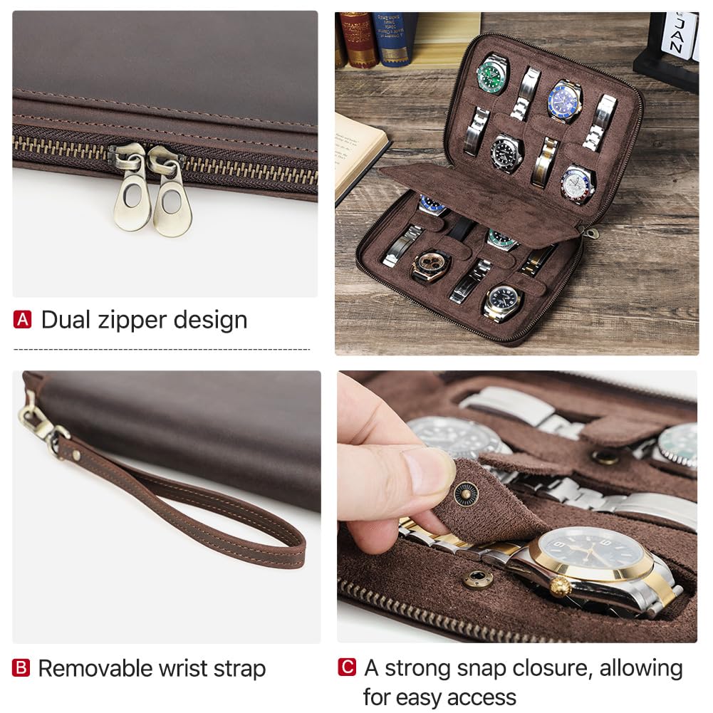 CONTACTS Herren-Armbanduhr, echtes Leder, mit Reißverschluss, schmale Box, minimalistische Vintage-Uhr, Handtasche, Clutch mit Befestigungsriemen (Kaffeebraun - 8 Fächer)