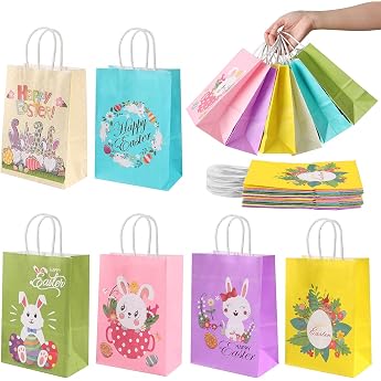 KEELYY Easter Gift Bags 12 Printed Bags for Easter with Rabbits Flowers and Chicks - Ideal Gift Idea or Easter Decoration Easter Nest for Crafts and Gifting