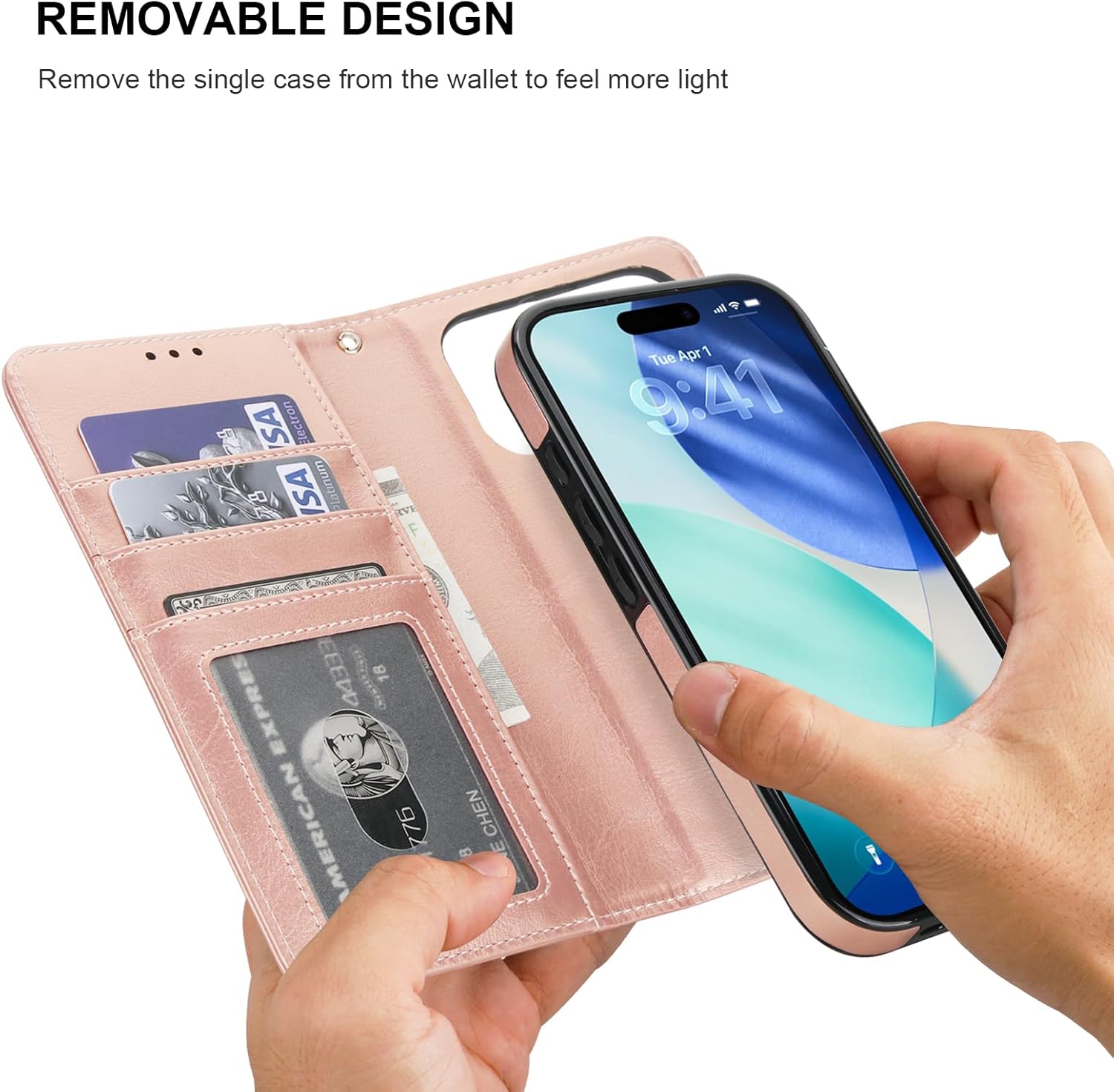 Bocasal Detachable Wallet Case for iPhone 17 Pro RFID Blocking Card Slots Holder Premium PU Leather Magnetic Kickstand Shockproof Wrist Strap Removable Flip Protective Cover 5G 6.3 inch (Rose Gold)
