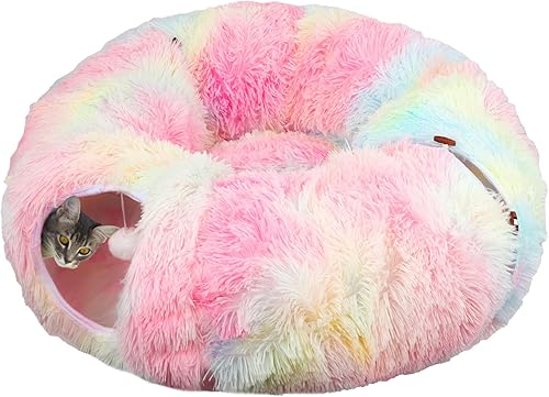 Cama de túnel para gatos, túnel desplegable para gatos con alfombrilla central, túneles de felpa para gatos de interior con bola esponjosa, juguetes