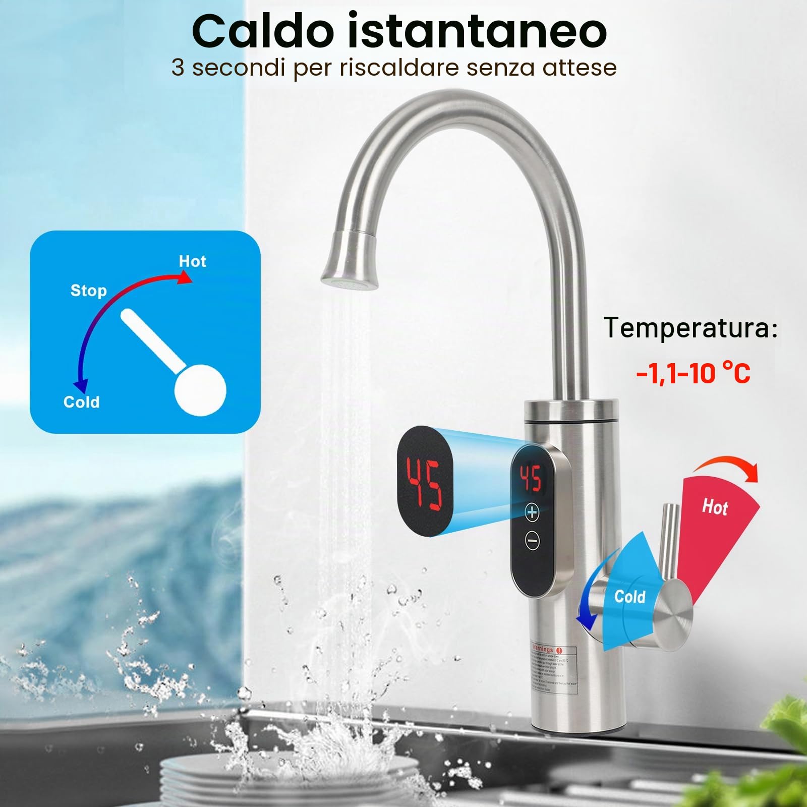 Rubinetto elettrico con scaldabagno istantaneo,CEIEVER rubinetto di riscaldamento elettrico temperatura regolabile 30-55℃ Raccordi elettrici 230V rubinetto elettrico in acciaio inox per cucina