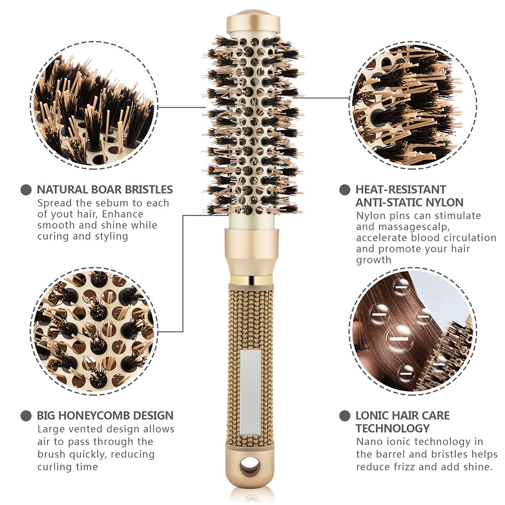 Round Brush for Blow Drying, Small Round Barrel Brush With Boar Bristle, Nano Thermal Ceramic Barrel Ionic Tech Hair Brush, for Styling,Curling and Straightening + 4 Clips (2.4 Inch, Barrel 1 Inch)