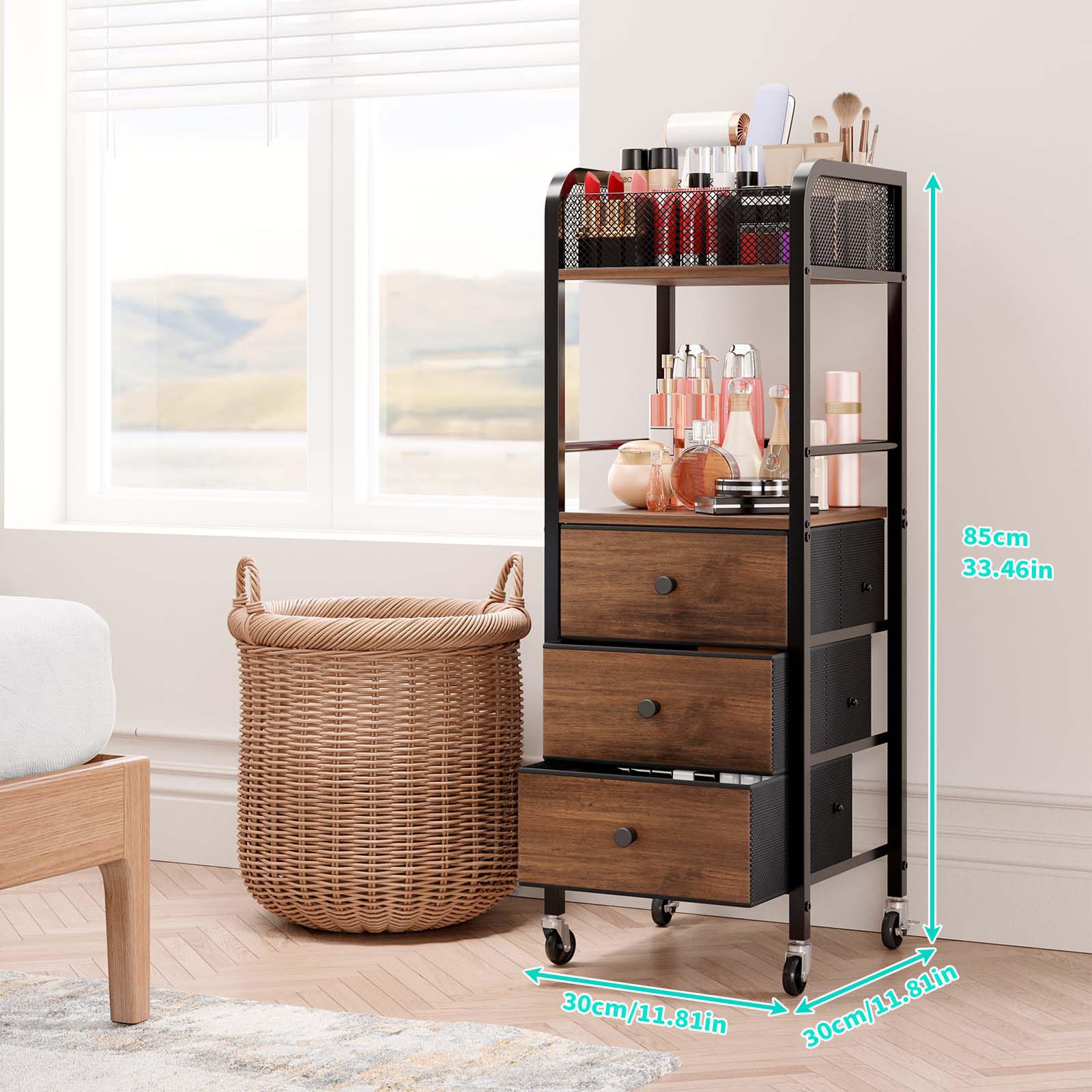 Kosmetik Rollwagen mit 3 Schubladen - Hautpflege Organizer für Kosmetikstudio, Parfüm, Nagellackbürste