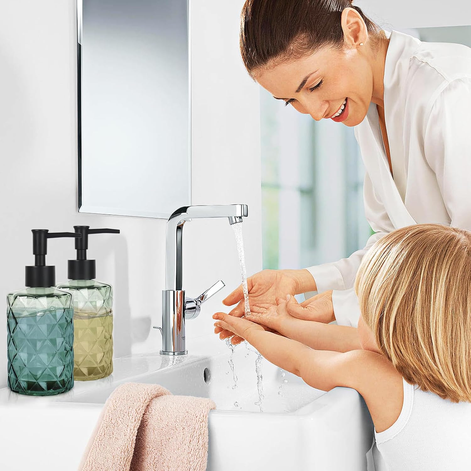 Green Glass Soap Dispenser Set for Bathroom, 11oz. Glass Soap Bottles with Plastic Pump, Kitchen Dish Soap Dispenser Set, Hand-Pump Dispenser for Shampoo, Lotion, Essential Oil (4Pcs)