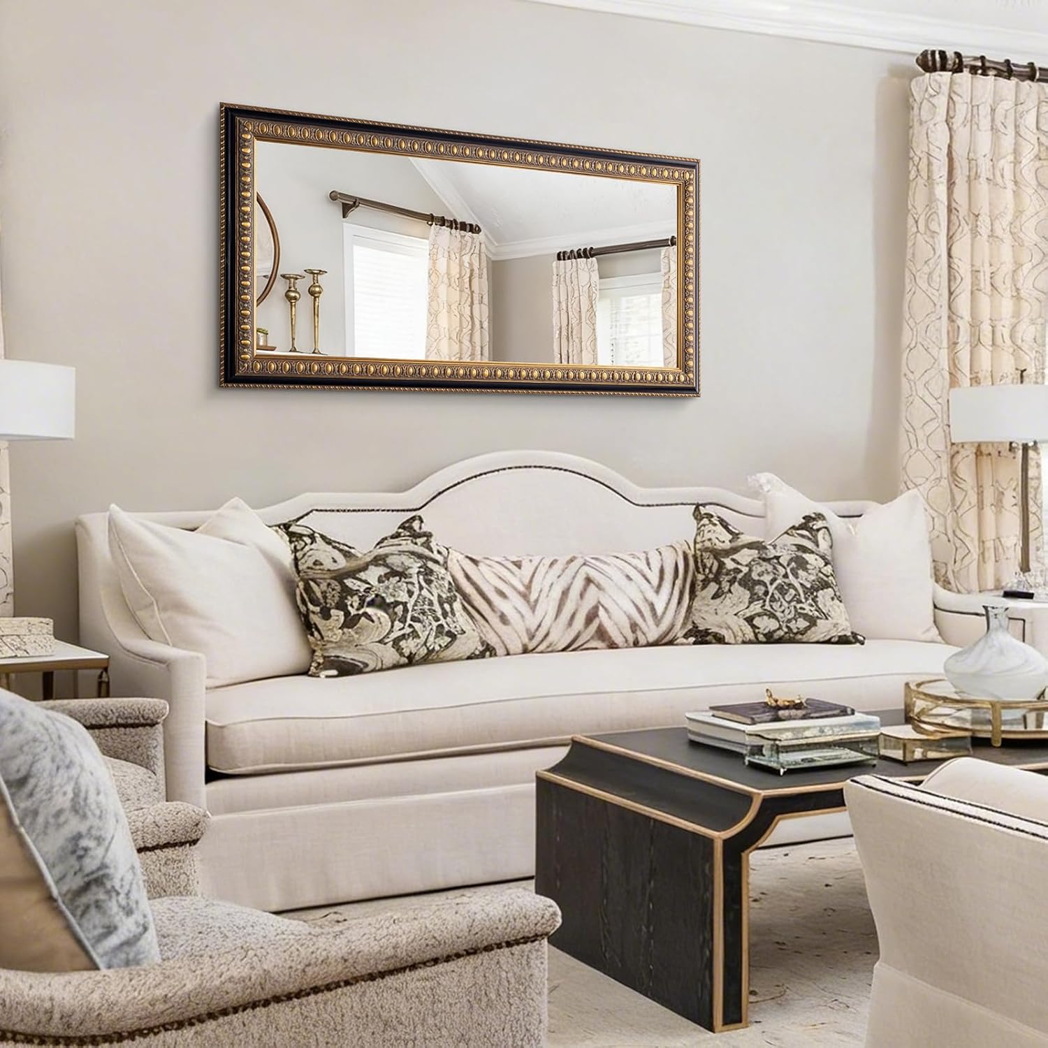 48" L x 24" W Large Gold Mirror for Wall, Rectangular Decorative Mirrors Wall Decor with Baroque Ornament Wood Frame, Long Narrow Mirror for Bathroom Entrance Hallyway Power Room