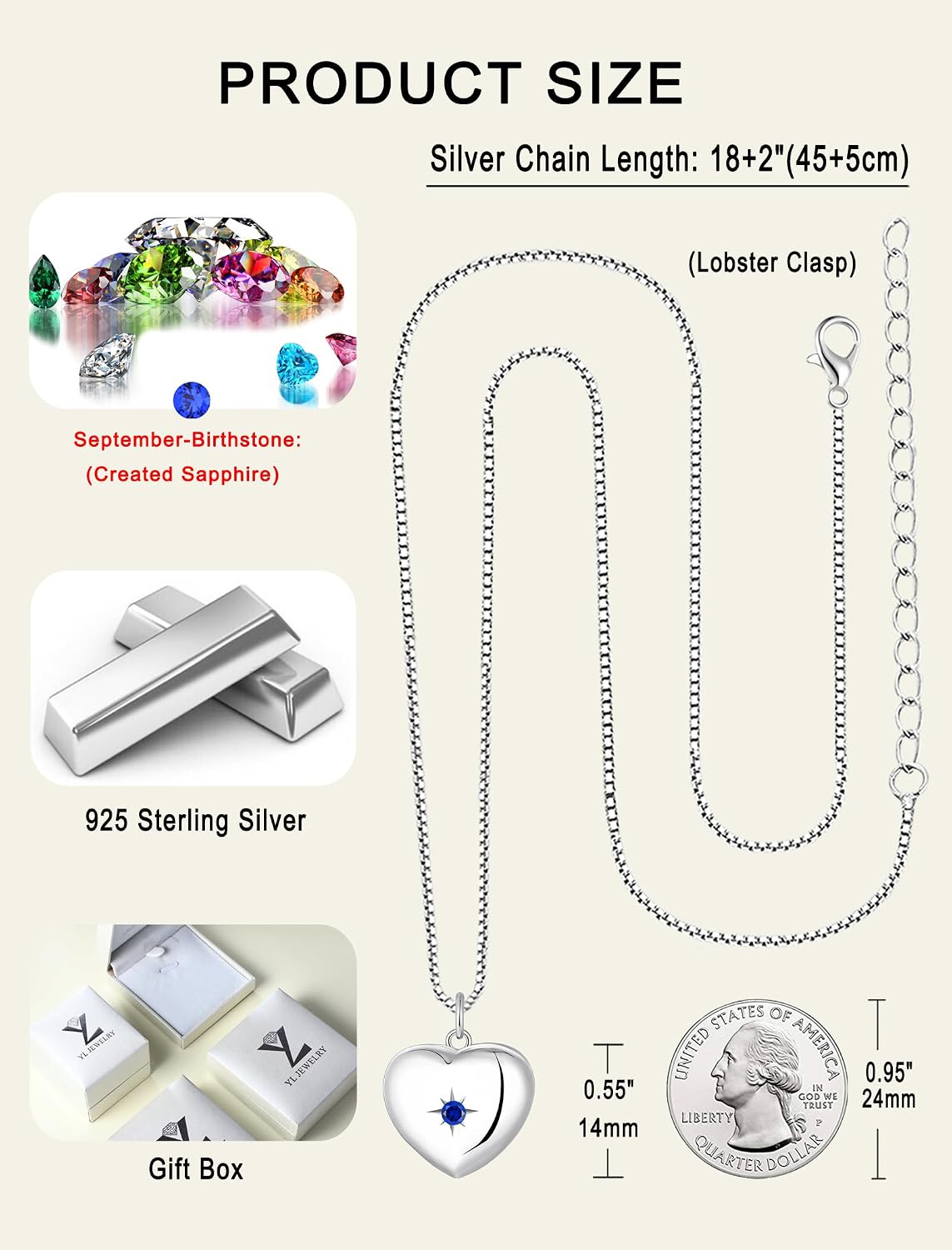 YL Heart Locket Picture Necklace Sterling Silver Personalized Photo Pendant Birthstone Jewelry for Women