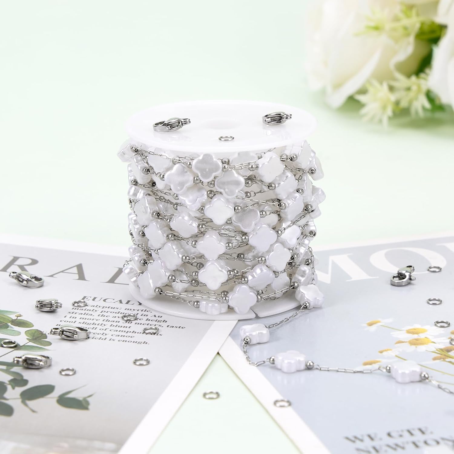 KYUNHOO 13 Feet Stainless Steel Silver Jewelry Making Chains Four Leaf Clover Shaped Faux Pearl Chain Roll with Jewelry Clasps for Handcraft DIY - Image 6
