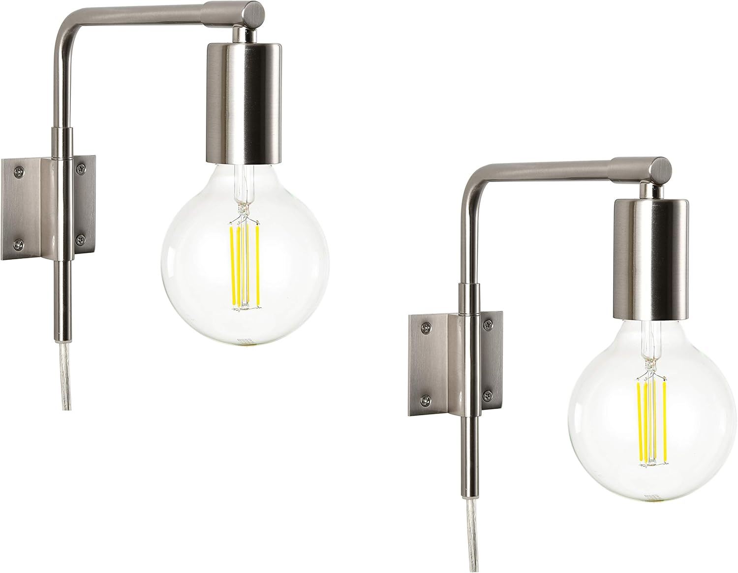 Linea di Liara Povani Set of 2 Wall Sconce Modern Nickel Plug in Wall Sconces Lighting Fixtures Bedroom Sconces Bedside Wall Mounted Lamp w/Plug in Cord with On/Off Switch Wall Lights Bulbs Included