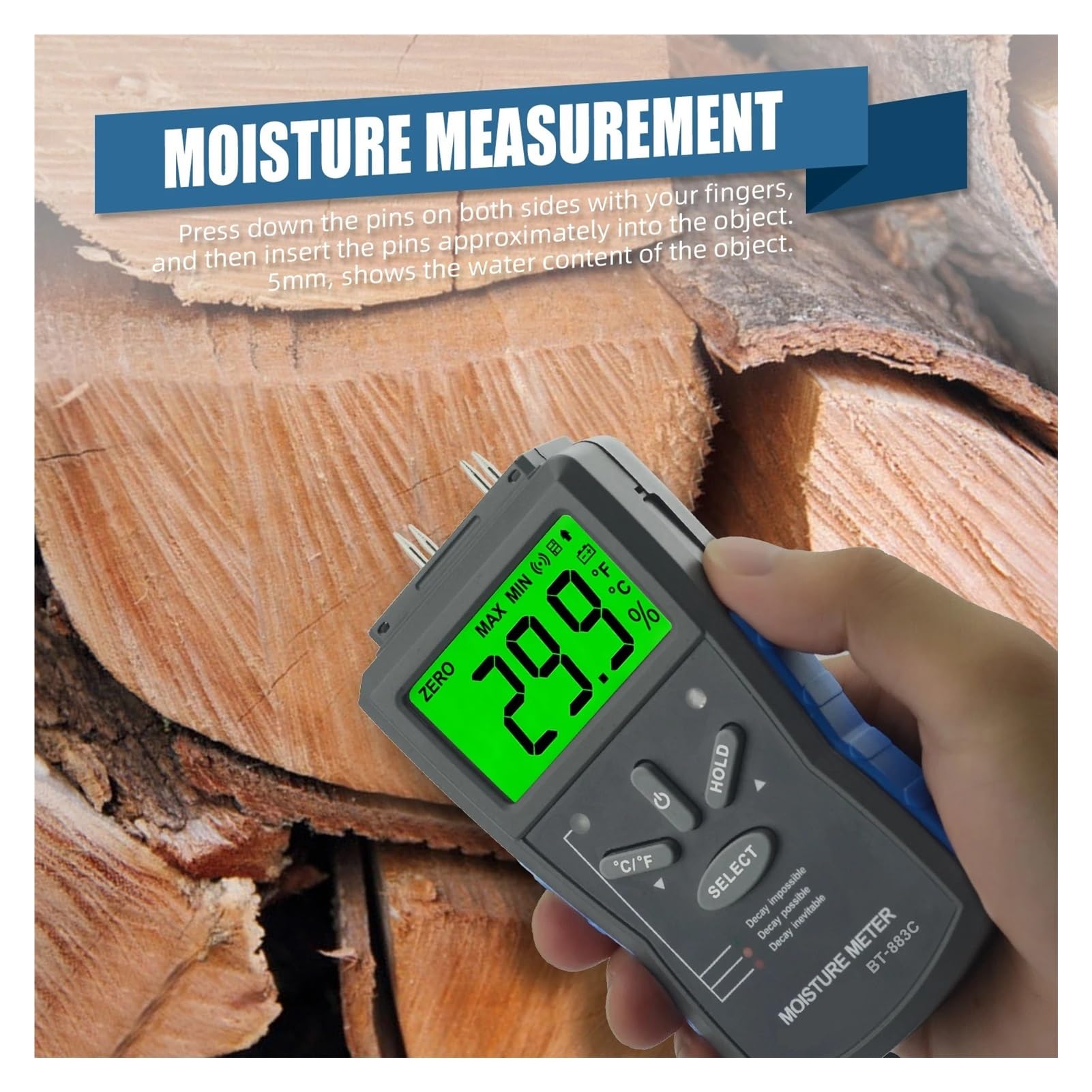 Misuratore di umidità del legno, rilevatore di umidità digitale a perno, materiali temprati, temperatura ambiente (℃/℉), con LCD retroilluminato Letture chiare