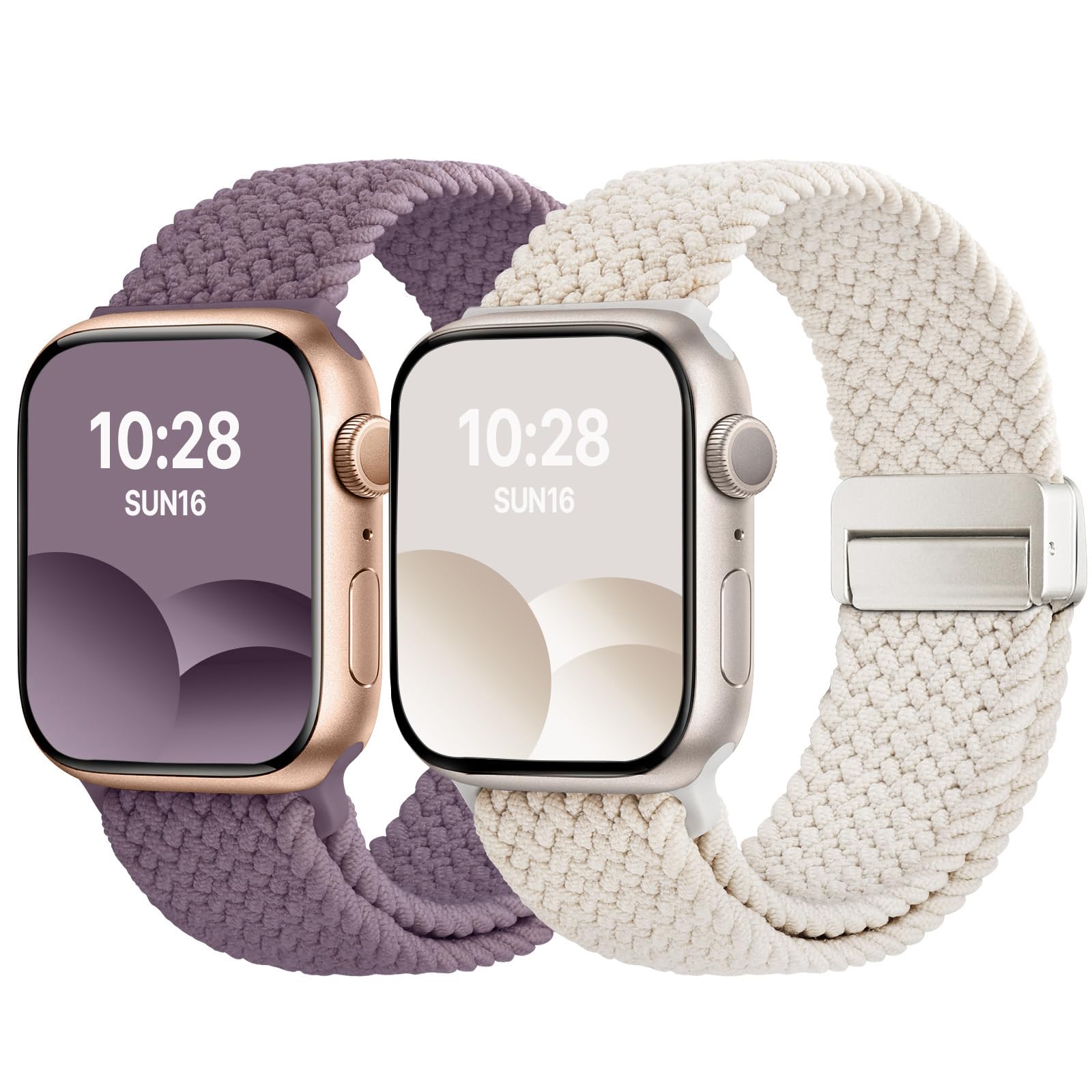 Fullmosa 2 Pack Magnetic Braided Bands Compatible Apple Watch Strap 38mm 40mm 41mm 42mm(S10/11),Soft Nylon Elastic Loop Band for iWatch Series 11 10 9 8 7 6 5 4 3 2 1 SE SE2,Starlight/Smoke Purple-image-24