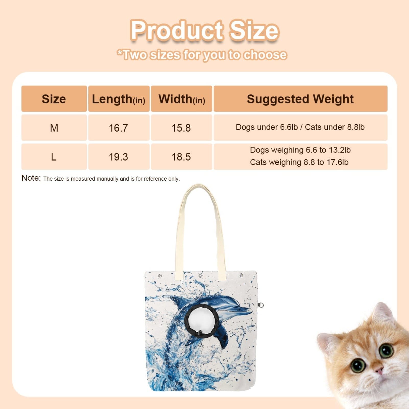 Pet Canvas Shoulder Bag Soft-Sided,Dog Purse Carrier for Small Dogs and Cats, Portable Pet Handbag with Adjustable Hole, Pet Washable Travel Tote Bag,Water Dolphin 16.7''x15.8''