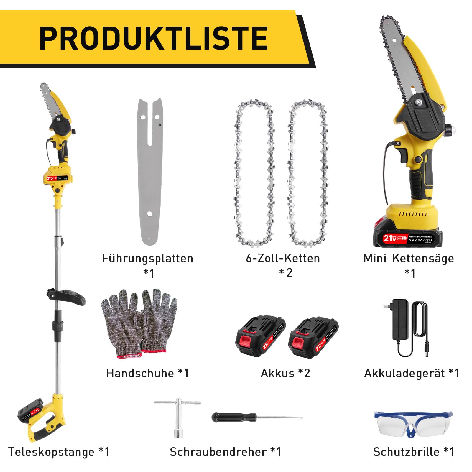 Podadora telescópica 2 en 1 con batería, podadora eléctrica de 6 pulgadas, podadora de ramas de 21V con 2 x 2000mAh, motosierra manual para podadoras de ramas y corte de madera