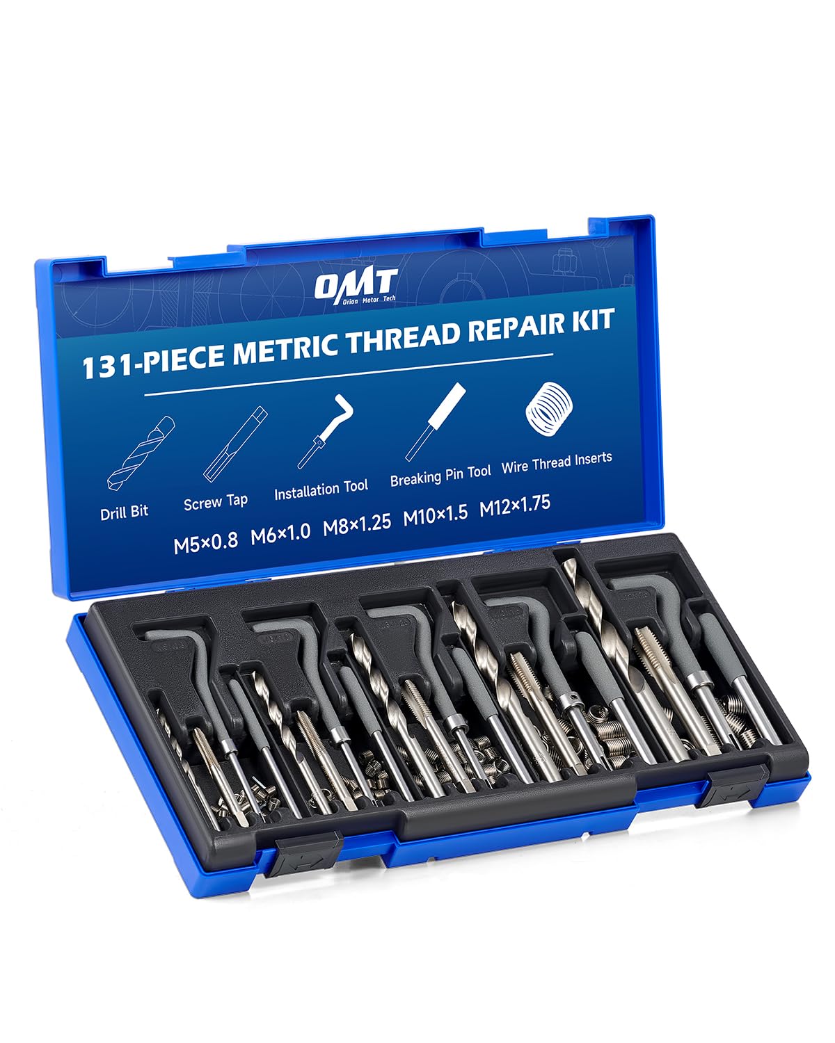 Orion Motor Tech 131 PCS Kits de Reparación de Roscas M5 M6 M8 M10 M12 Herramientas de Instalación para Reparar Agujeros de Tornillos Kit Helicoli para Automóvil