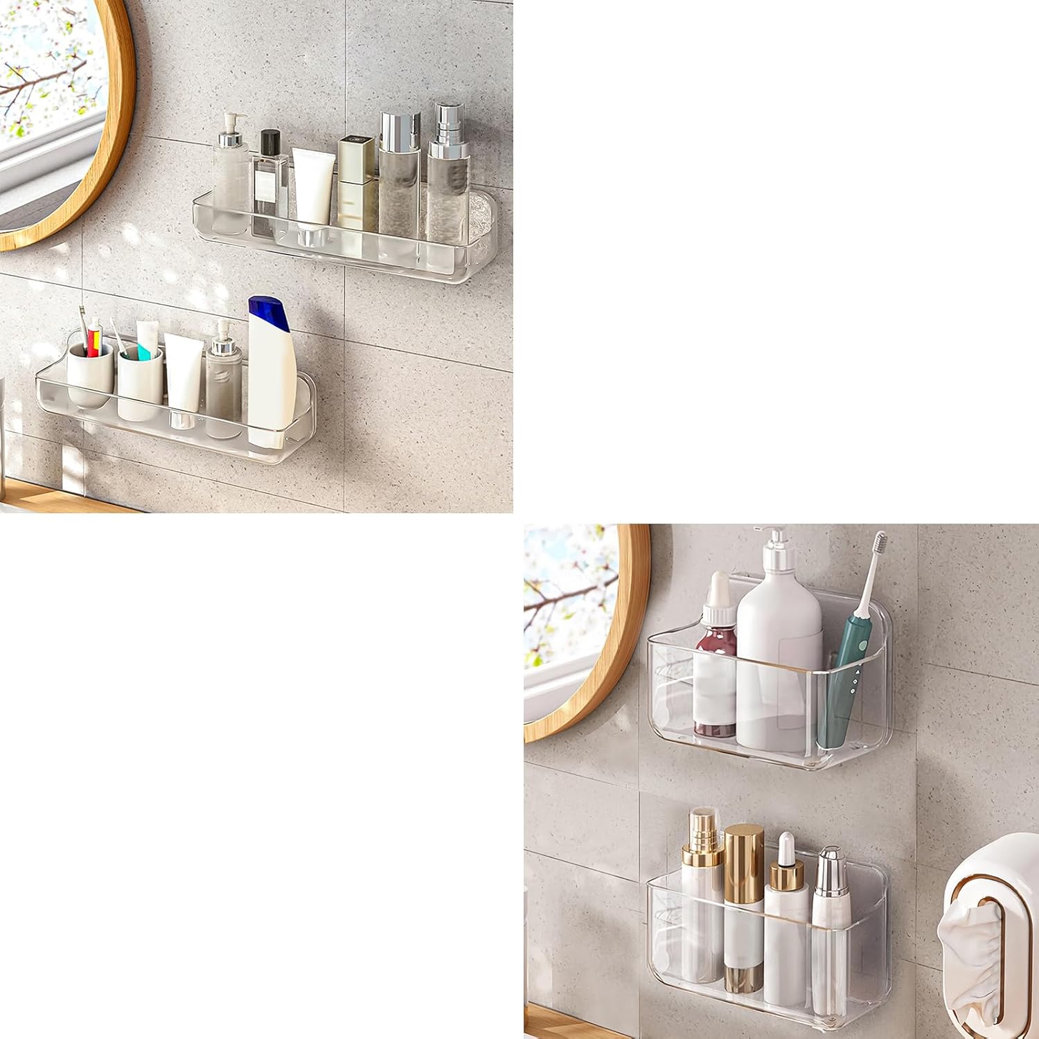 2pc Clear Acrylic Wall Mount Organizer（Long+2pcAcrylic Shelves for Wall,No Drilling Hang Walls,with Self Adhesive Tape（Small