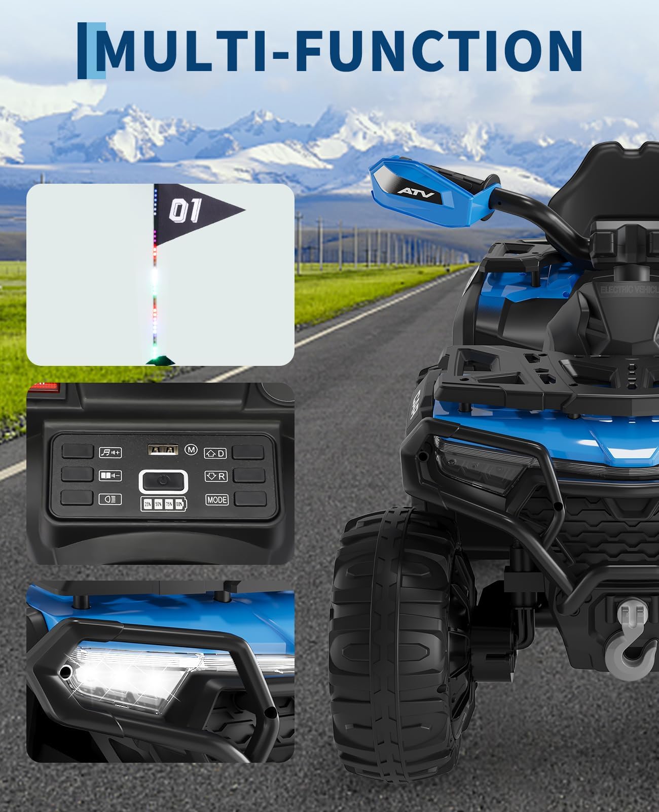 Quad Eléctrico Infantil 12V con Música y Luces, Vehículo Eléctrico con Doble Motor, USB y Bluetooth, Velocidad 3–5 km/h, Vehículo Todoterreno a Batería para Niños 3+ Años, Azul