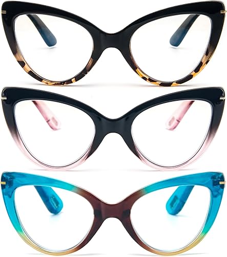 DXYXYO Paquete de 3 lentes de lectura de ojo de gato para mujer, bloqueo de luz azul, marco grueso, lectores de computadora de 1.5+