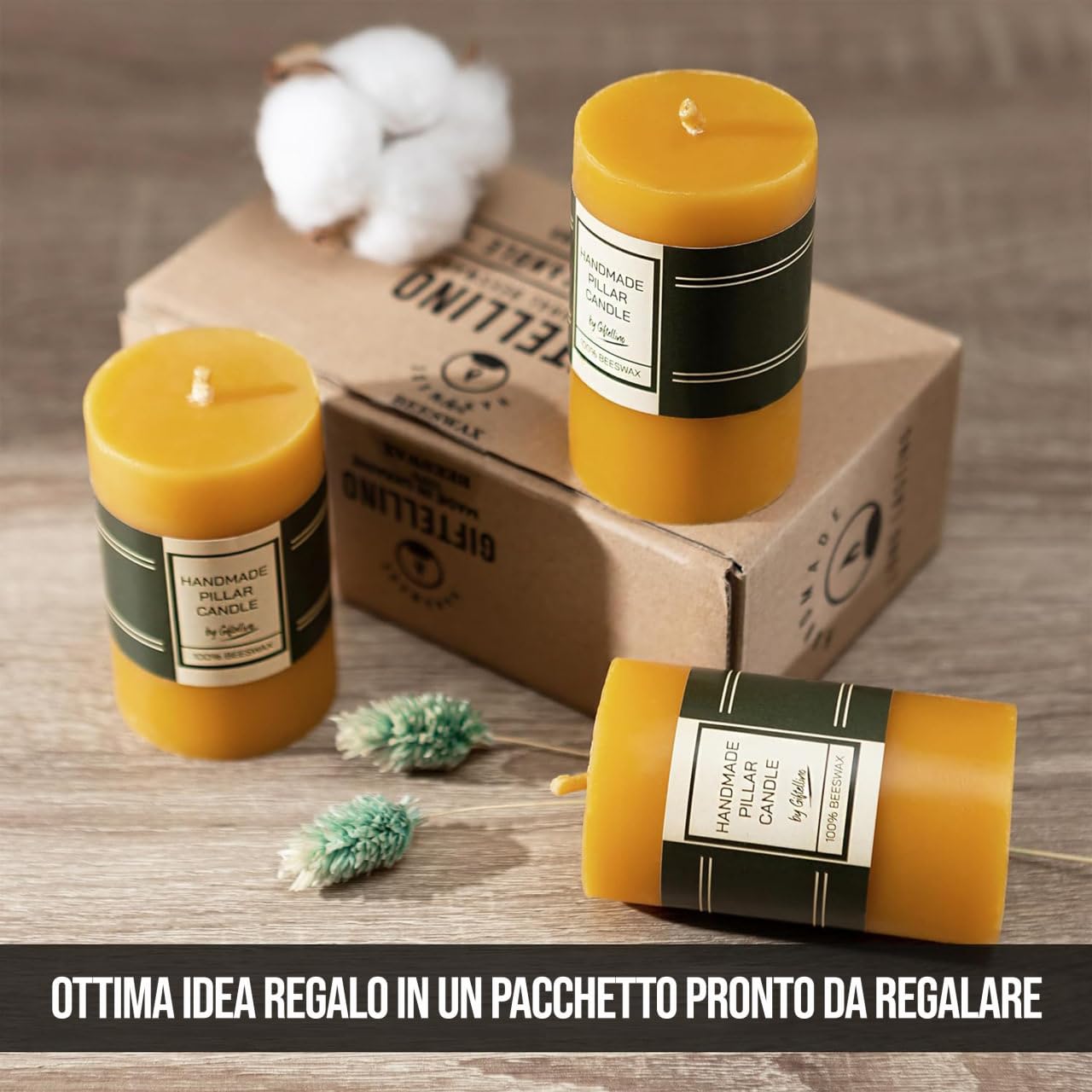 Set di 3 Candele a Colonna in 100% Pura Cera d'Api - Durata di 21 Ore - Candele a Colonna con Stoppino in Cotone - Candela Senza Profumo - Pilastri in Cera d'Api Senza Gocce - Set of 3 Pillar Candles