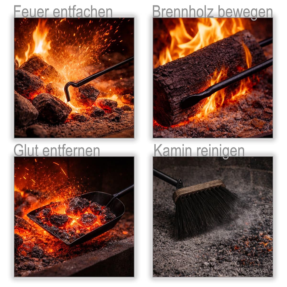 MS Beschläge Kamingarnitur Anthrazit 5-tlg. massiv Stahl – Kaminbesteck modern eckig mit geschlossenem Behälter - Kamin-Set Ofenbesteck-Set massiv & robust - Ofengarnitur Chrom-glänzende Akzente