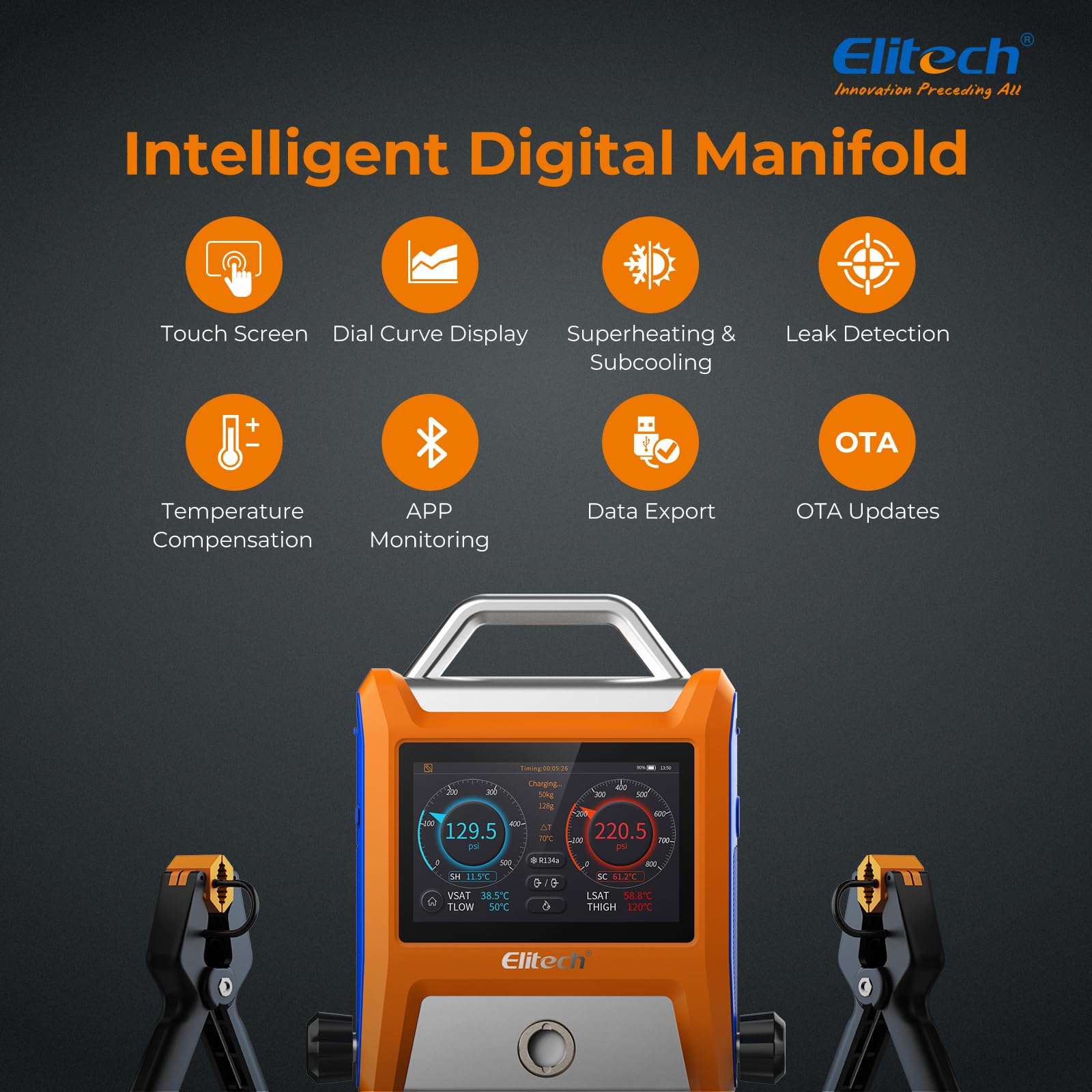 Elitech Ensemble de Manomètres Numériques Intelligents Elitech EMG-20V, Écran Tactile de 5 Pouces, Connexion Bluetooth, Adapté pour la CVC et le Contrôle via l'Application